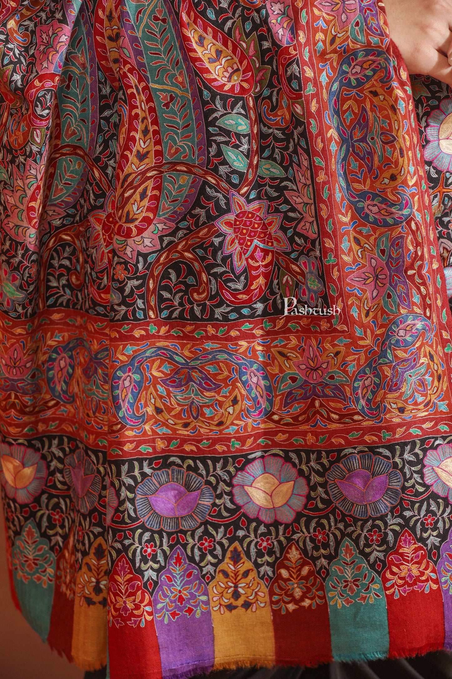 Pashtush India Womens Shawls Pashtush Womens Pashmina Shawl, Hand Painted And Embroidered Kalamkari Design, Multicolour