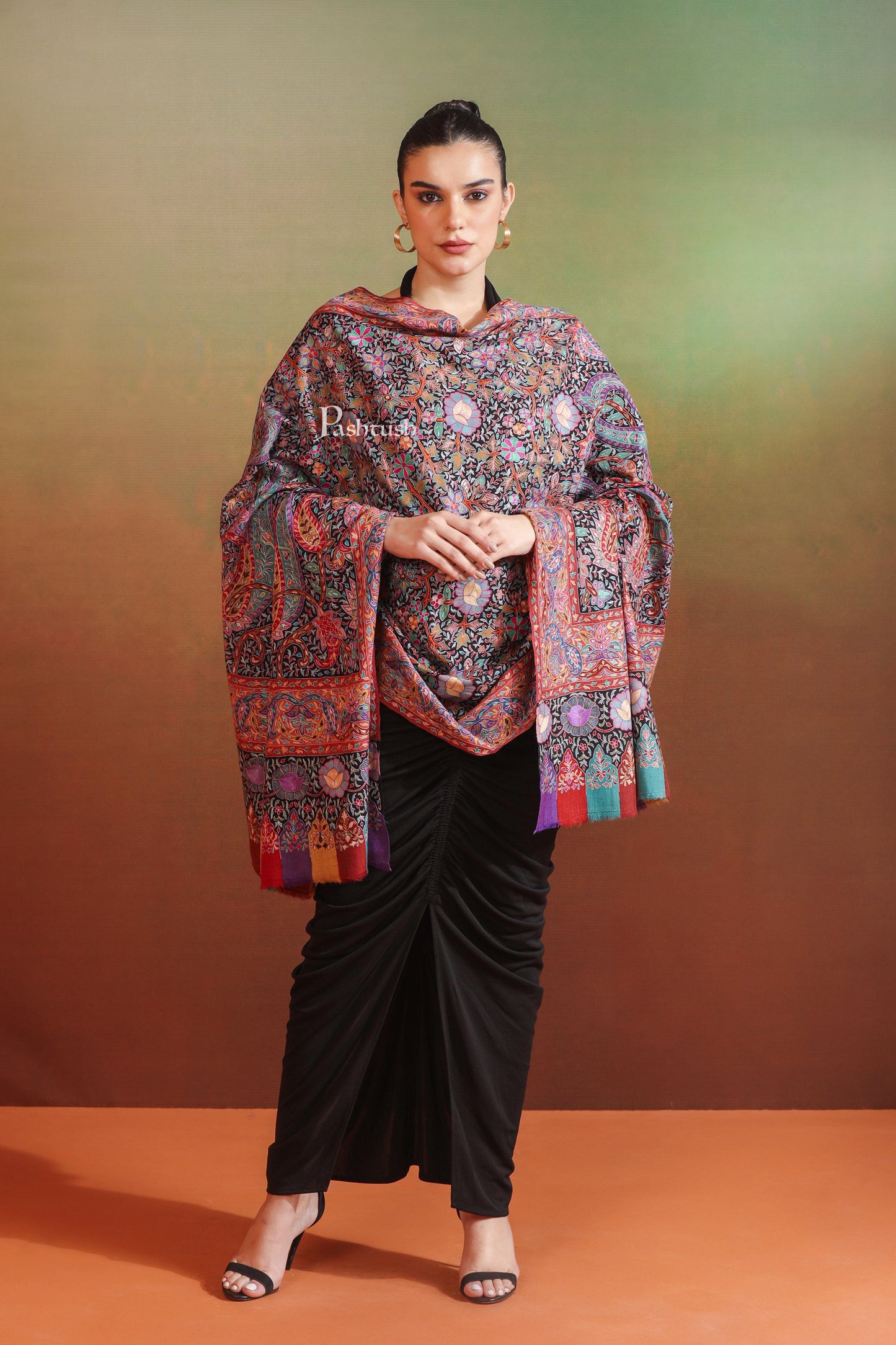 Pashtush India Womens Shawls Pashtush Womens Pashmina Shawl, Hand Painted And Embroidered Kalamkari Design, Multicolour