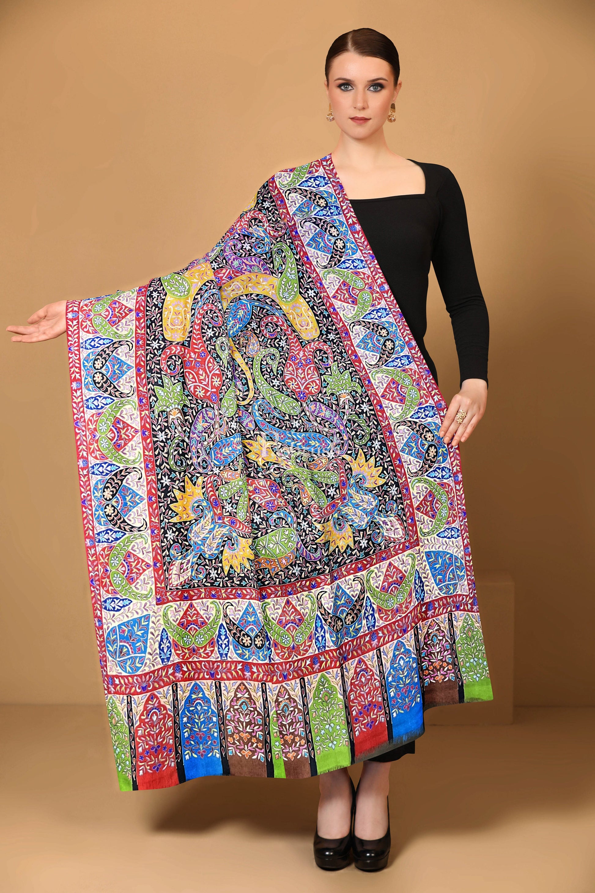 Pashtush India Womens Shawls Pashtush Womens Pashmina Shawl, Handmade Kalamkari, Multicoloured