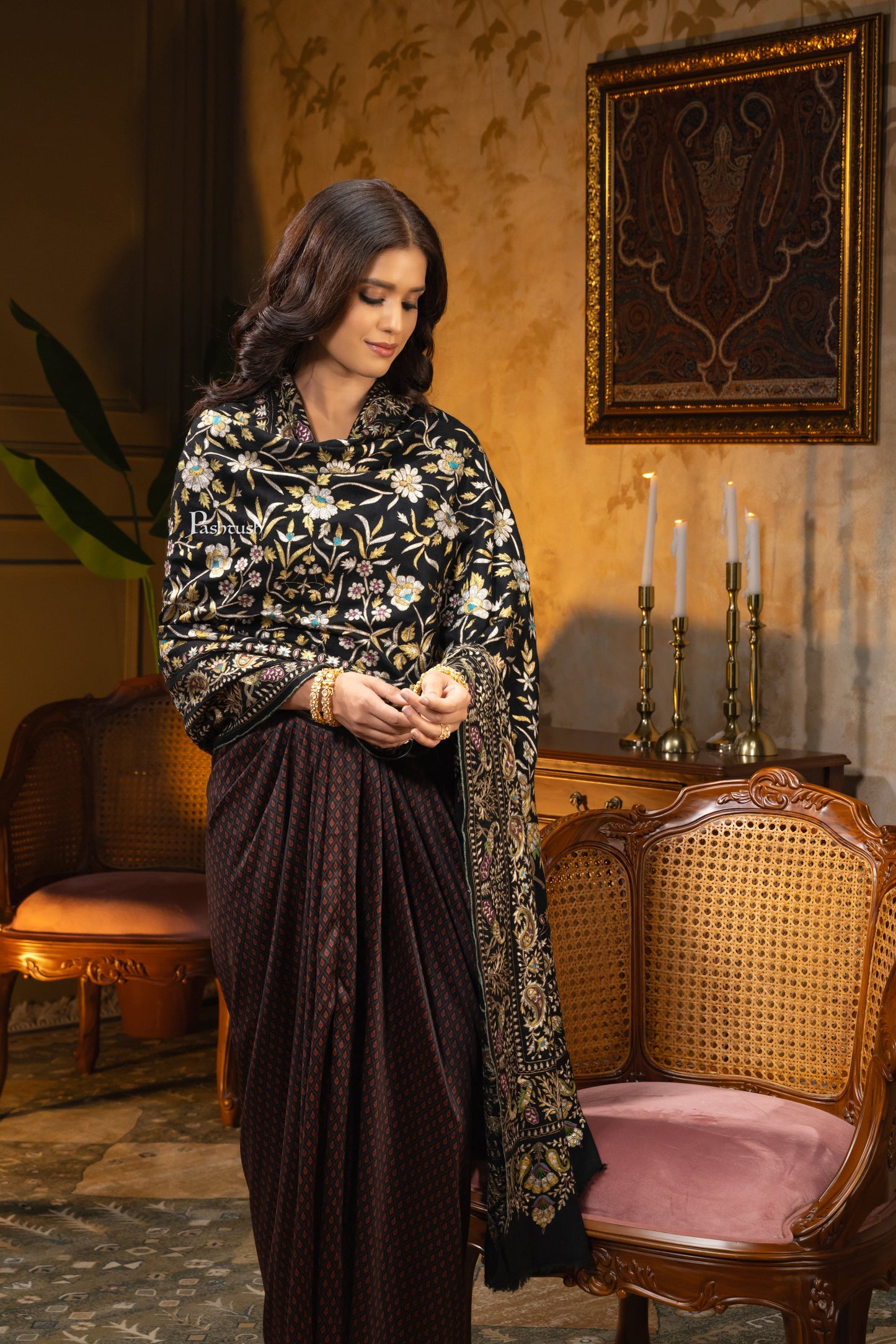 Pashtush India Womens Shawls PASHTUSH WOMENS PASHMINA SHAWL, KASHMIRI TILLA WORK, HANDLOOM, MULTICOLOURED