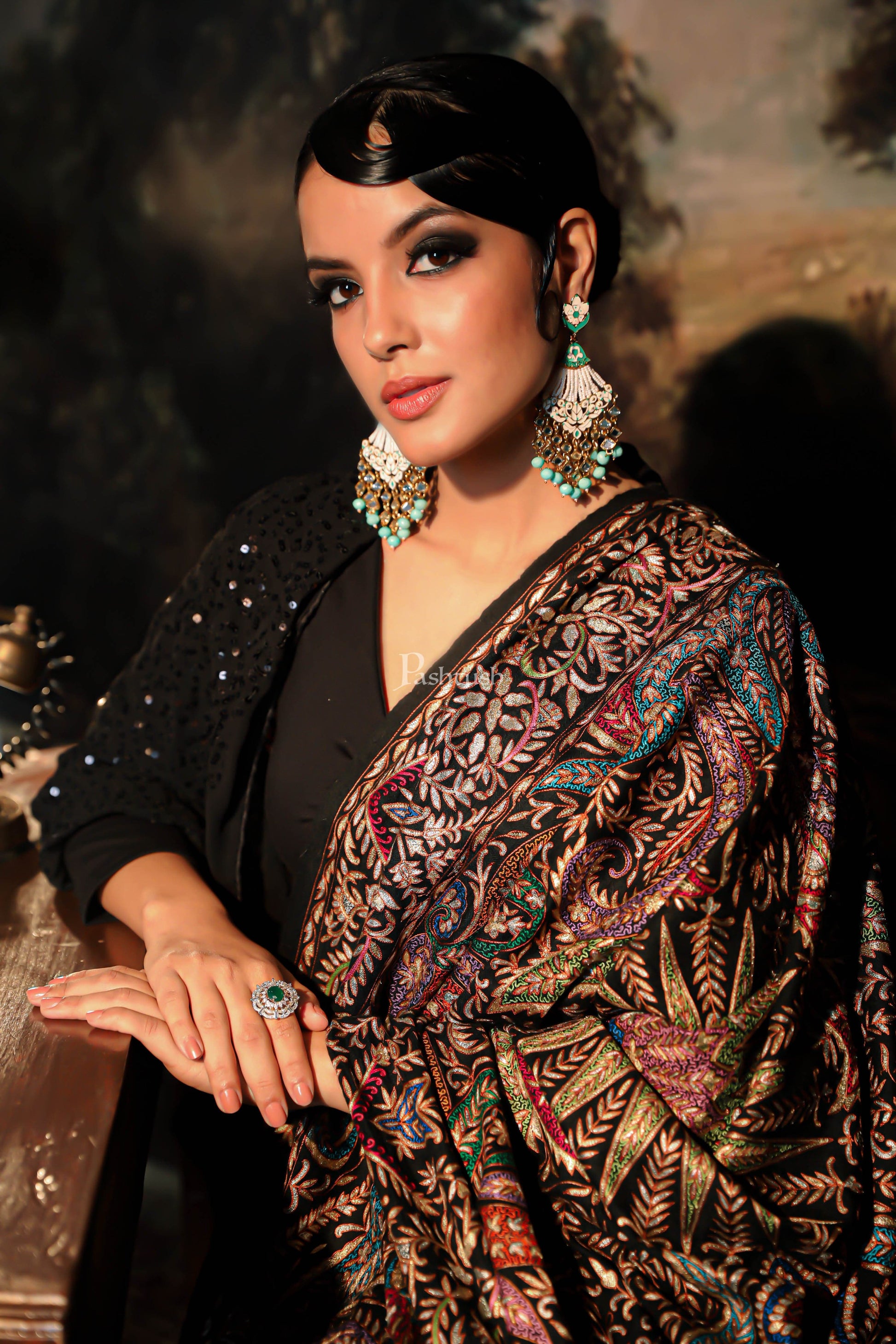 Pashtush India Womens Shawls PASHTUSH WOMENS PASHMINA SHAWL, KASHMIRI TILLA WORK, HANDLOOM, MULTICOLOURED