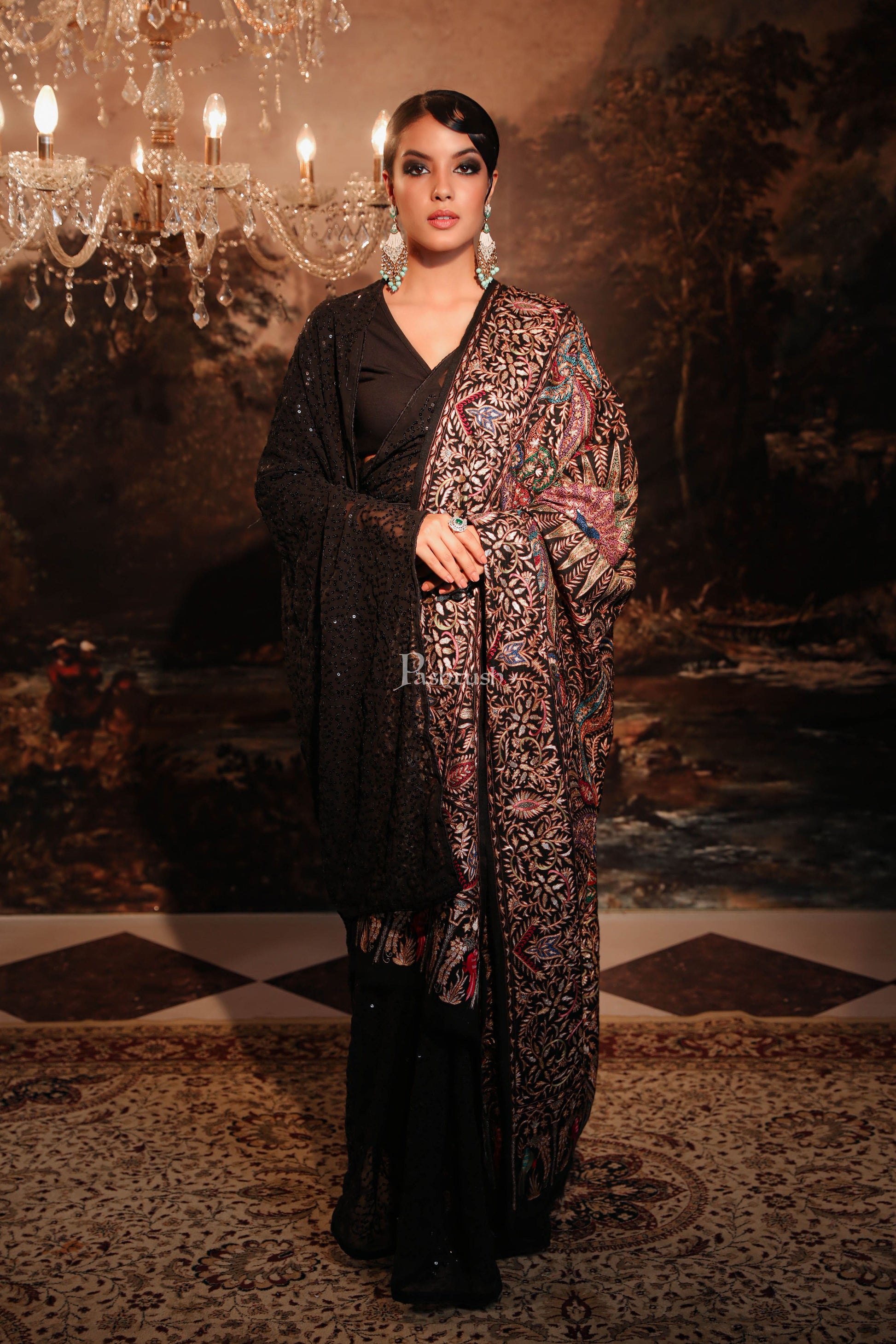 Pashtush India Womens Shawls PASHTUSH WOMENS PASHMINA SHAWL, KASHMIRI TILLA WORK, HANDLOOM, MULTICOLOURED
