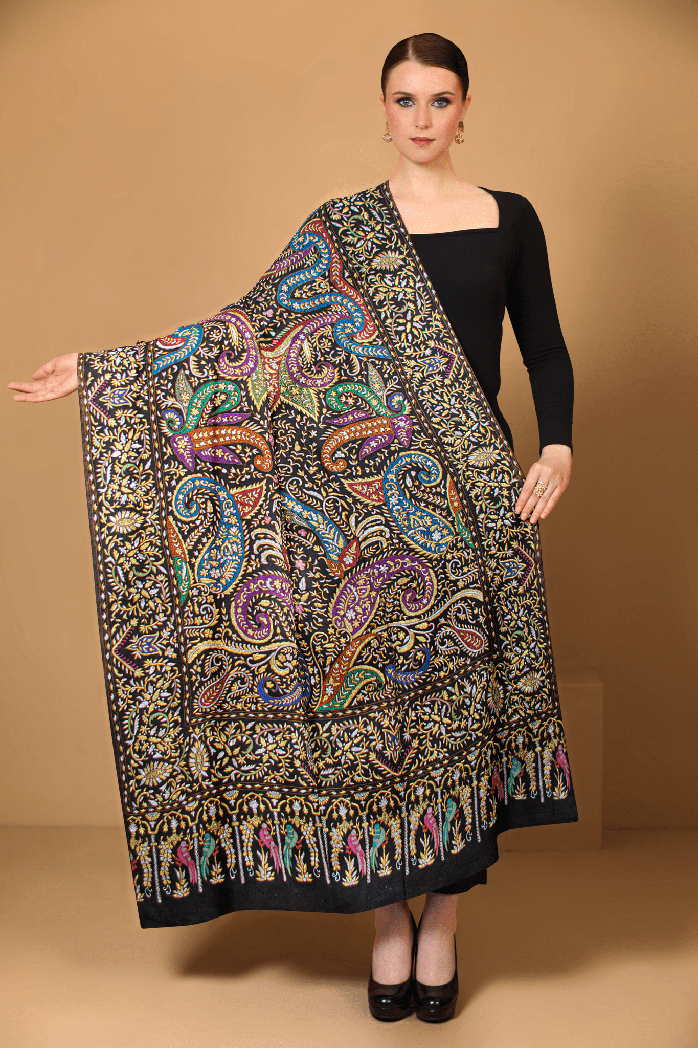 Pashtush India Womens Shawls PASHTUSH WOMENS PASHMINA SHAWL, KASHMIRI TILLA WORK, HANDLOOM, MULTICOLOURED