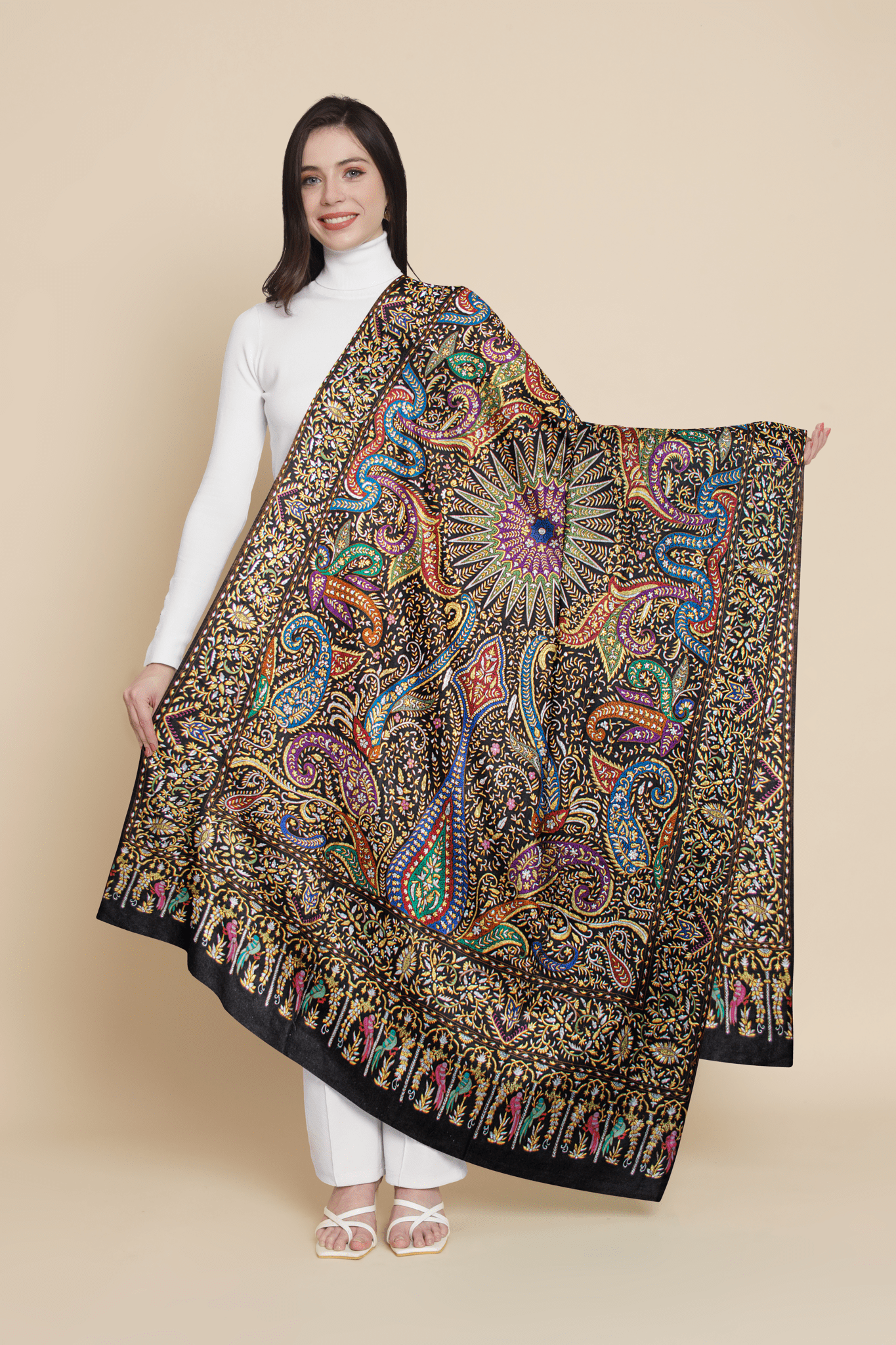 Pashtush India Womens Shawls PASHTUSH WOMENS PASHMINA SHAWL, KASHMIRI TILLA WORK, HANDLOOM, MULTICOLOURED