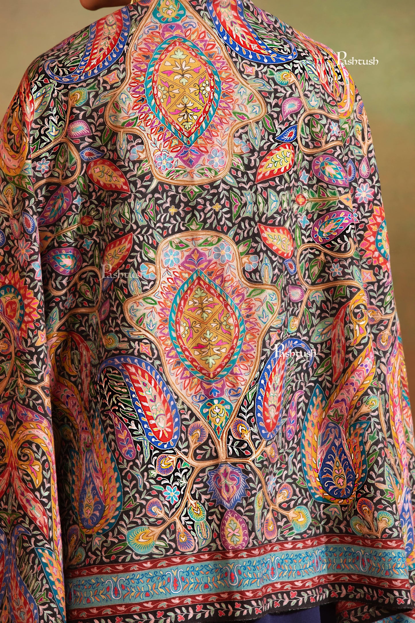 Pashtush India Womens Shawls Pashtush Womens Pashmina Shawl, Multicoloured Kalamkari, Hand Painted, Woven, Embroidered with Ombre