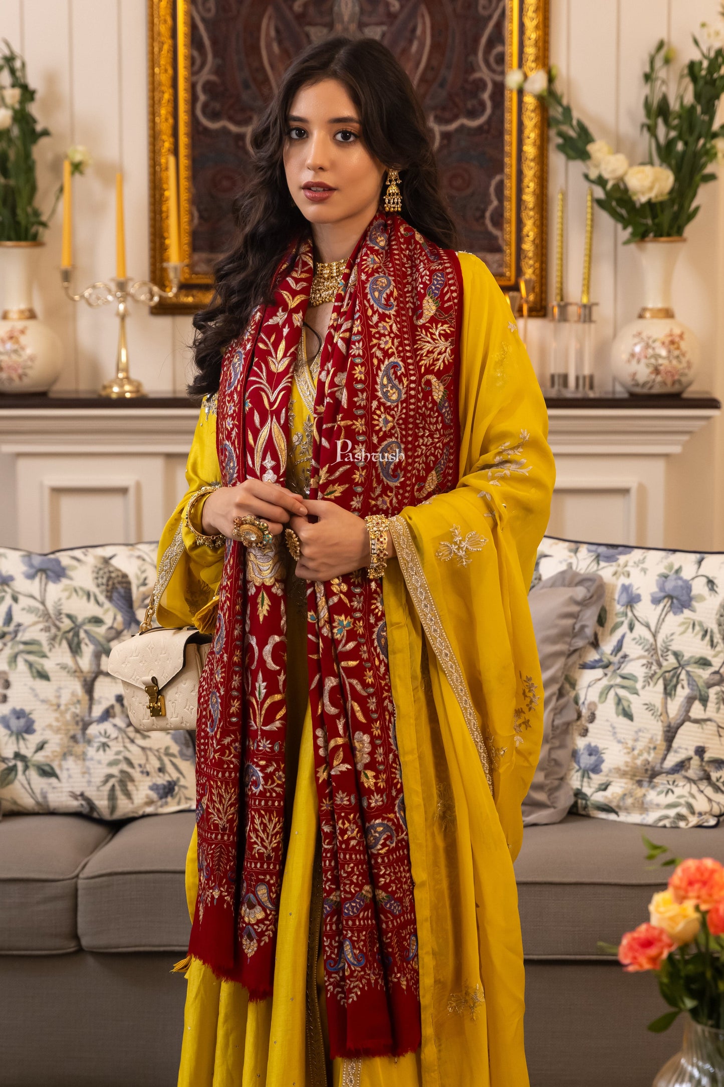 Pashtush India Womens Shawls Pashtush Womens Pashmina Shawl, With Kashmiri Tilla Embroidery, Hand Woven, hand Embroidered
