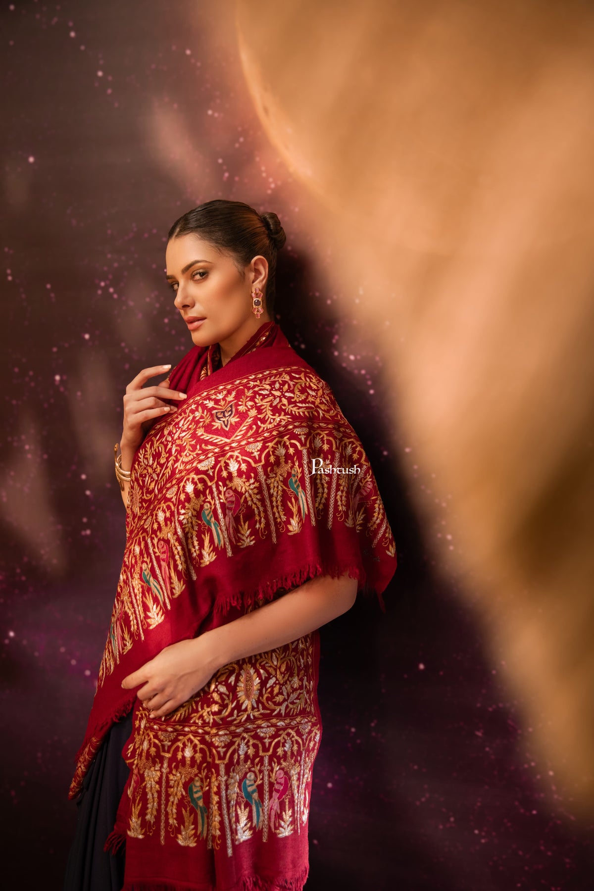 Pashtush India Womens Shawls Pashtush Womens Pashmina Stole, Kashmiri Tilla Work, Handloom, Maroon