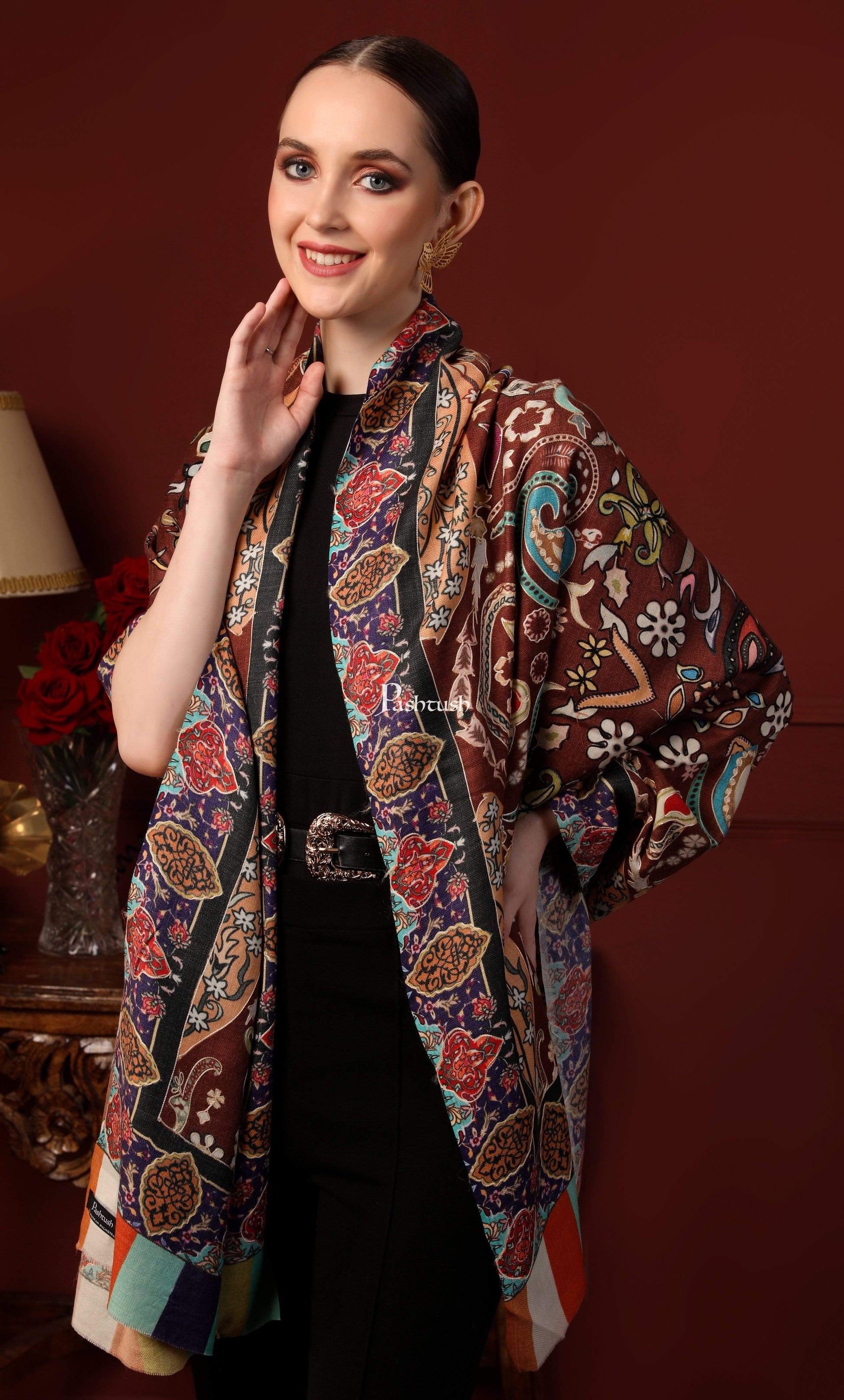 Pashtush India 100x200 Pashtush Womens Printed Stole, Multicoloured, 100% Pure Wool (Woolmark Certified)