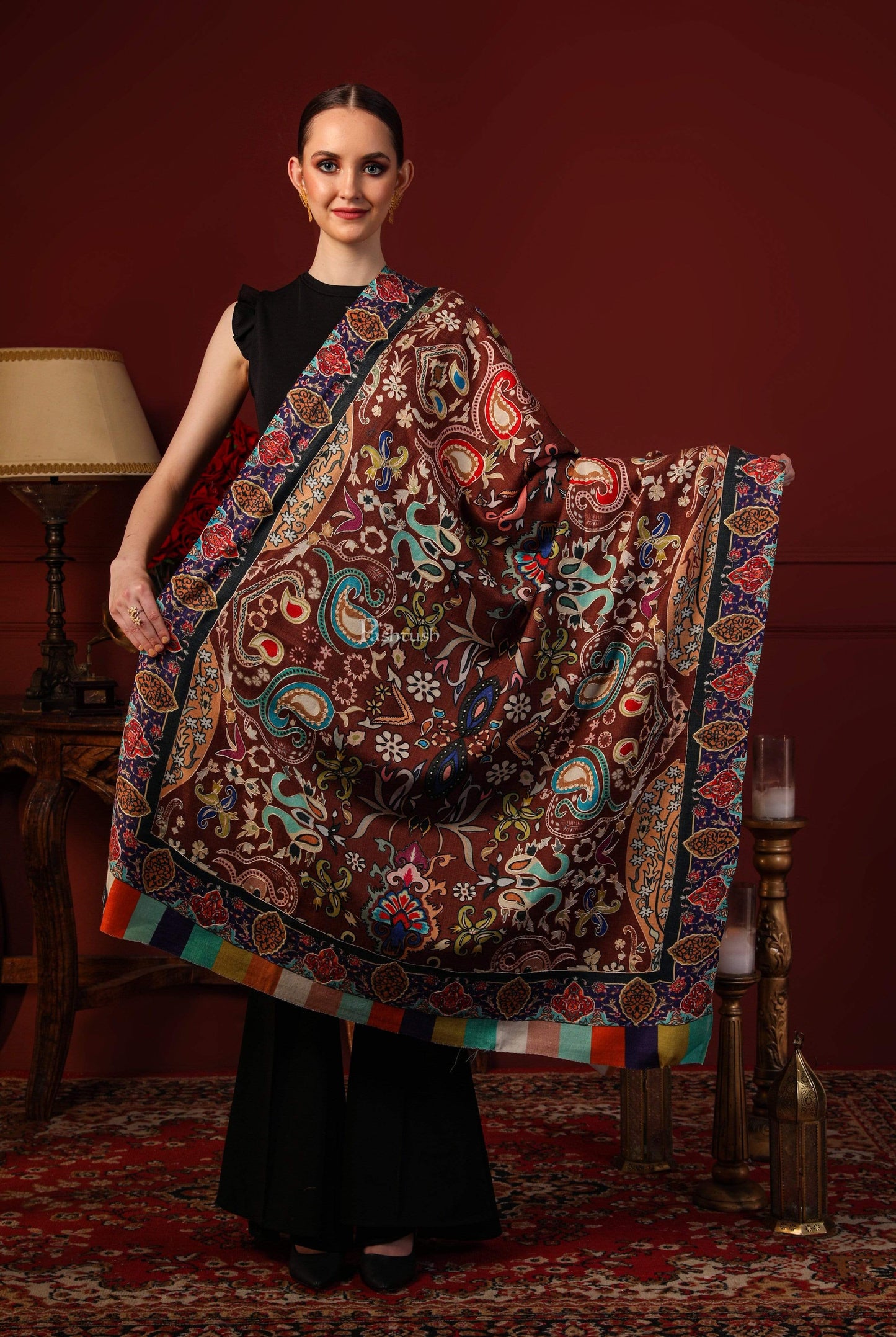 Pashtush India 100x200 Pashtush Womens Printed Stole, Multicoloured, 100% Pure Wool (Woolmark Certified)