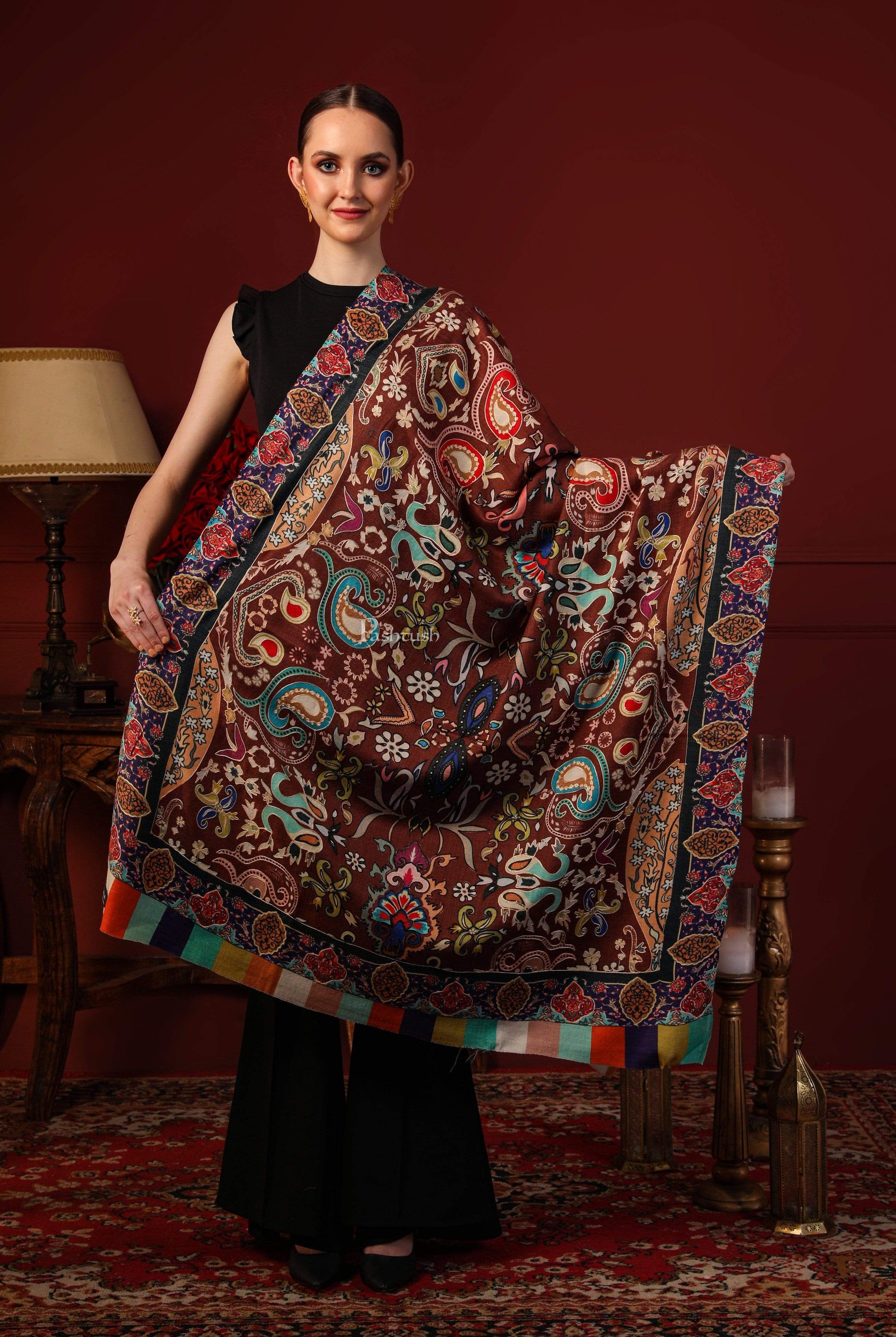 Pashtush India 100x200 Pashtush Womens Printed Stole, Multicoloured, 100% Pure Wool (Woolmark Certified)