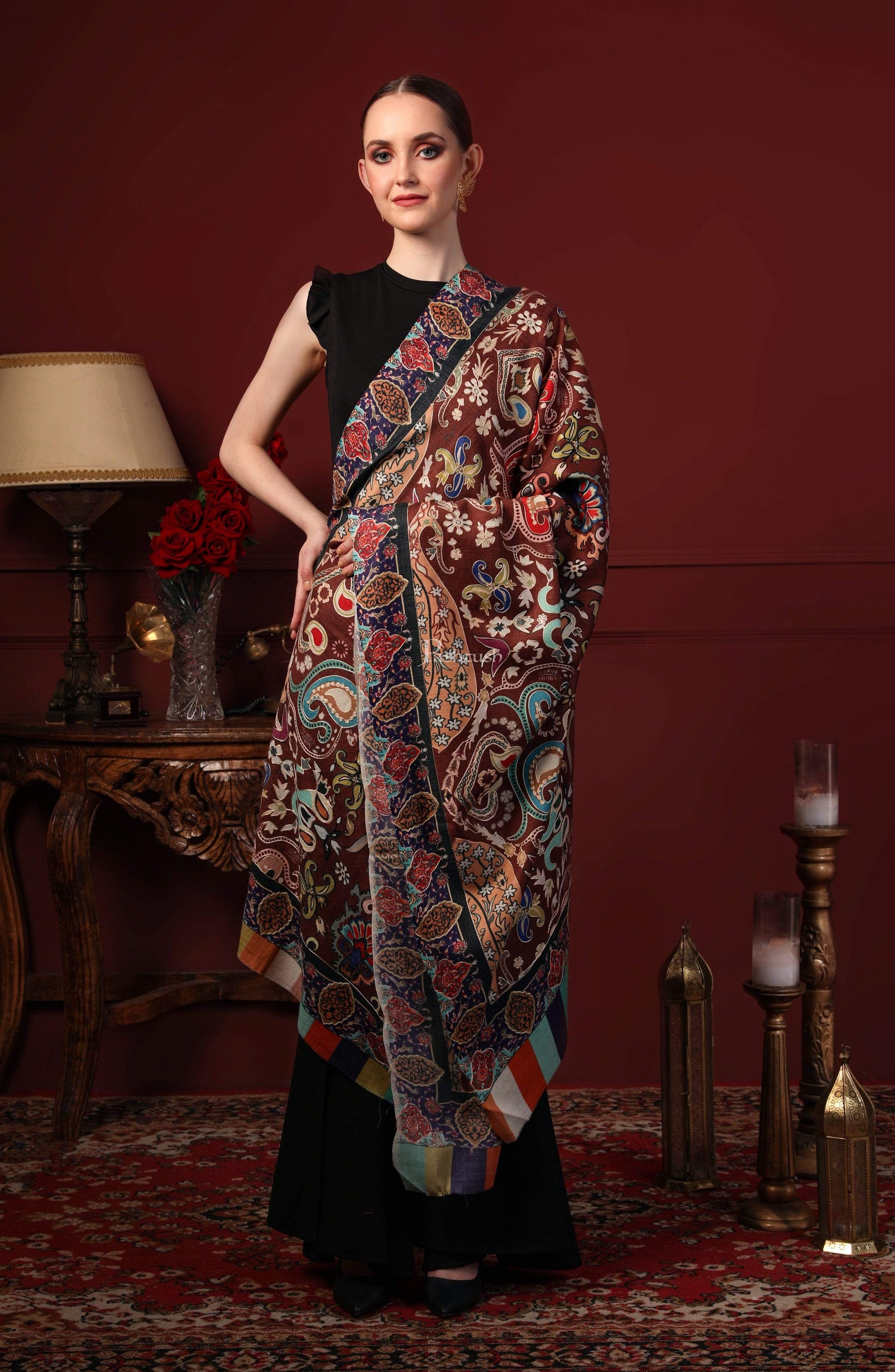 Pashtush India 100x200 Pashtush Womens Printed Stole, Multicoloured, 100% Pure Wool (Woolmark Certified)