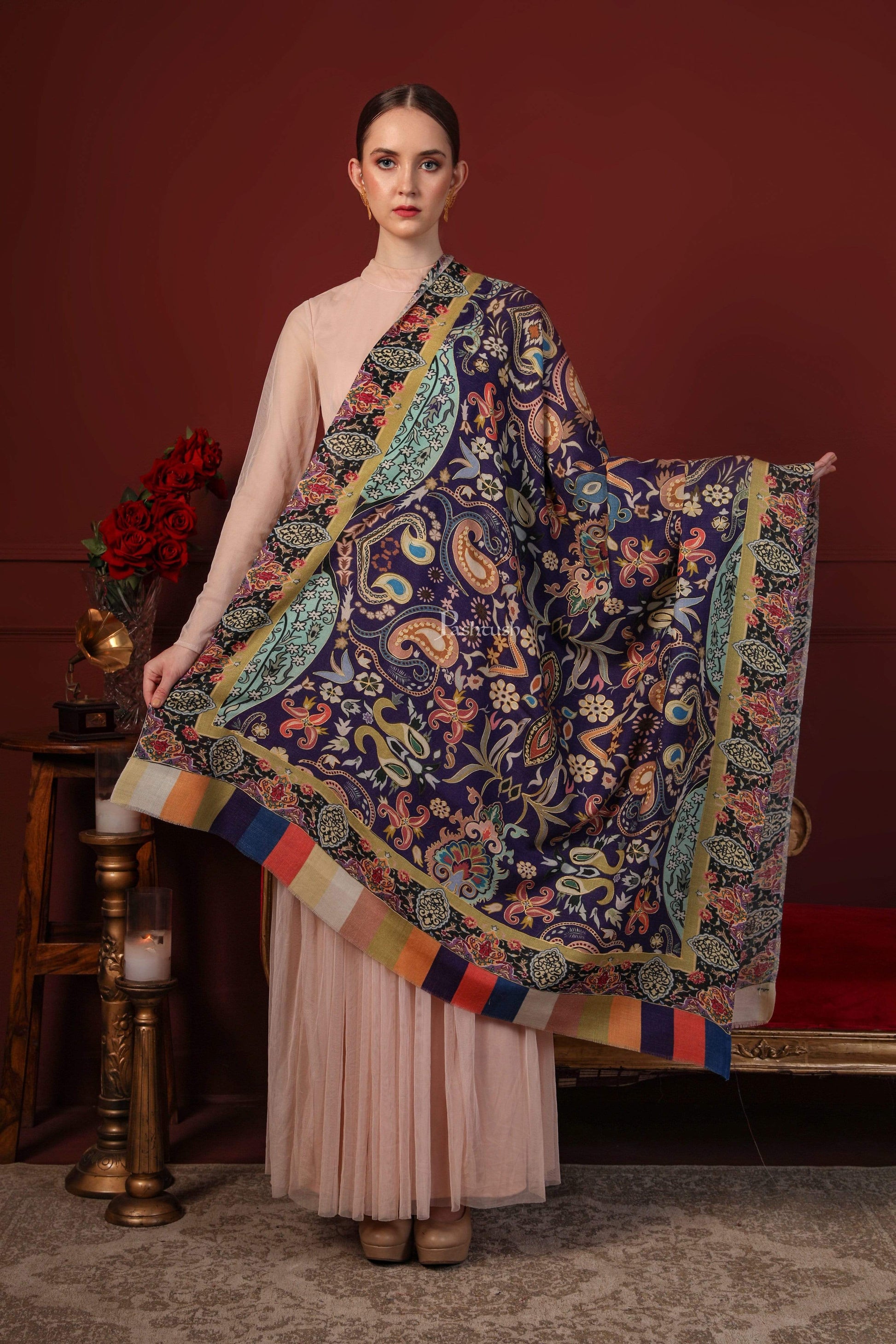 Pashtush India 100x200 Pashtush Womens Printed Stole, Multicoloured, 100% Pure Wool (Woolmark Certified)