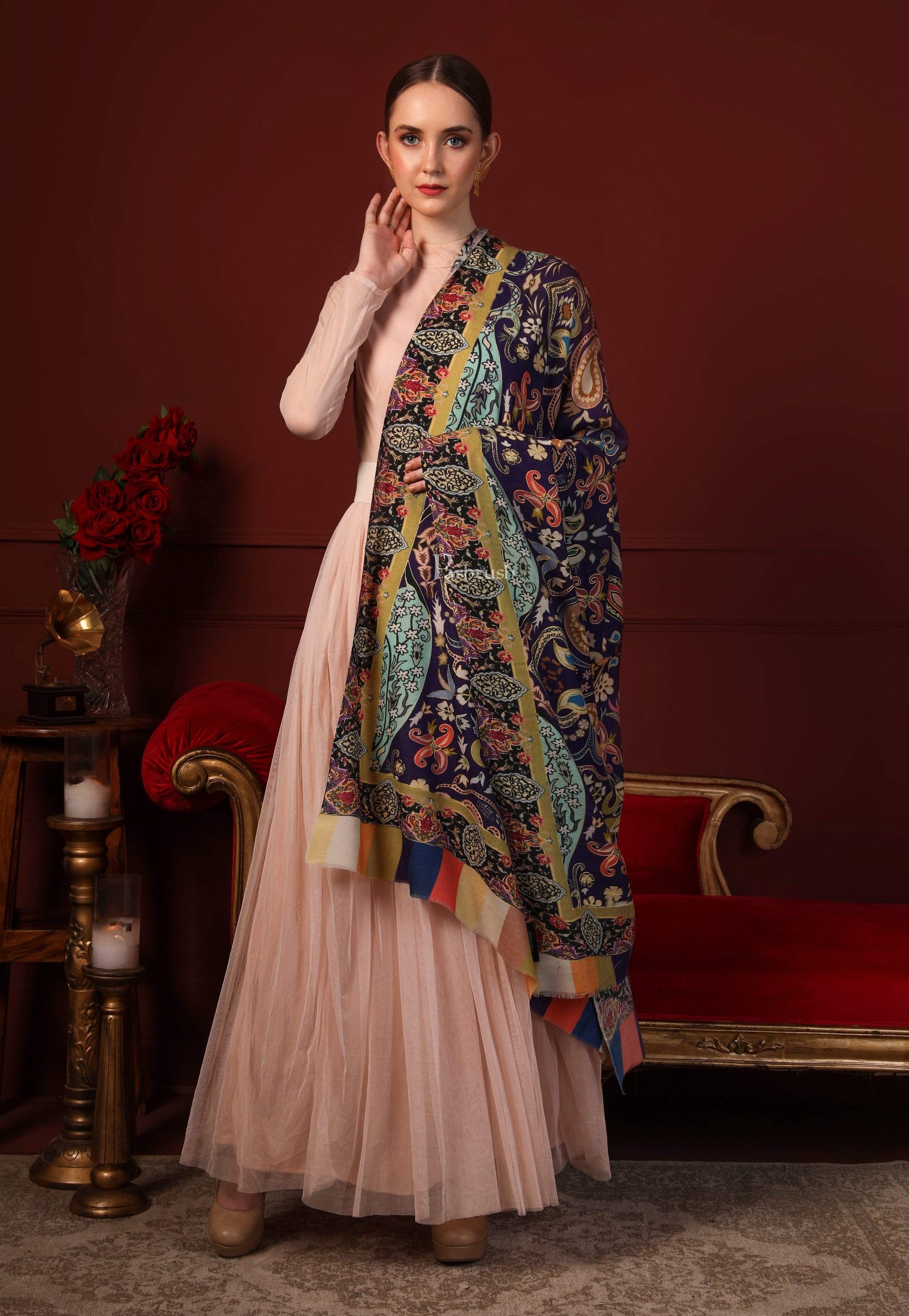 Pashtush India 100x200 Pashtush Womens Printed Stole, Multicoloured, 100% Pure Wool (Woolmark Certified)