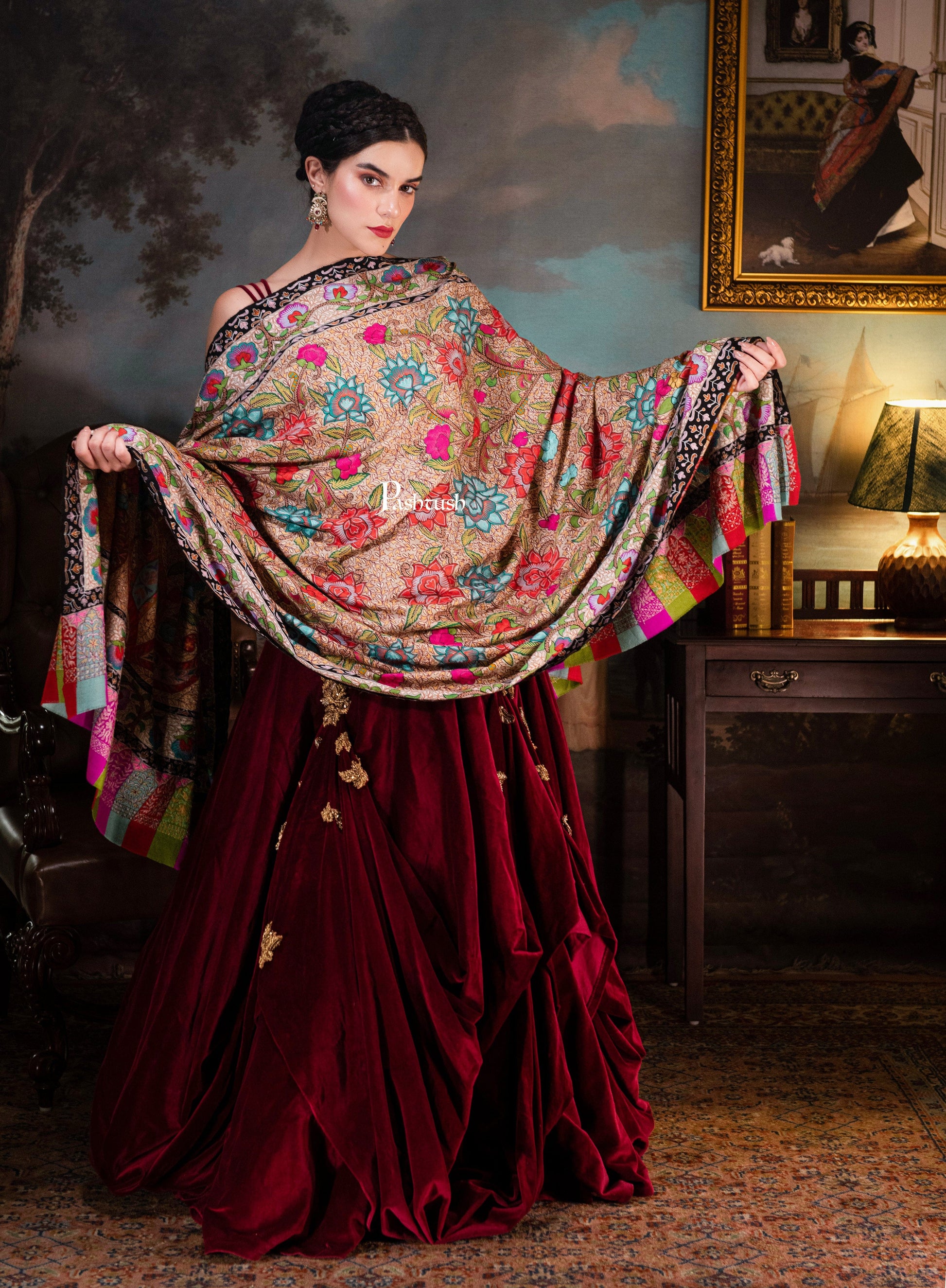 Pashtush India Womens Shawls Pashtush Womens Pure Pashmina, Hand Embroidered Hand Painted Kalamkari Shawl, Multicoloured
