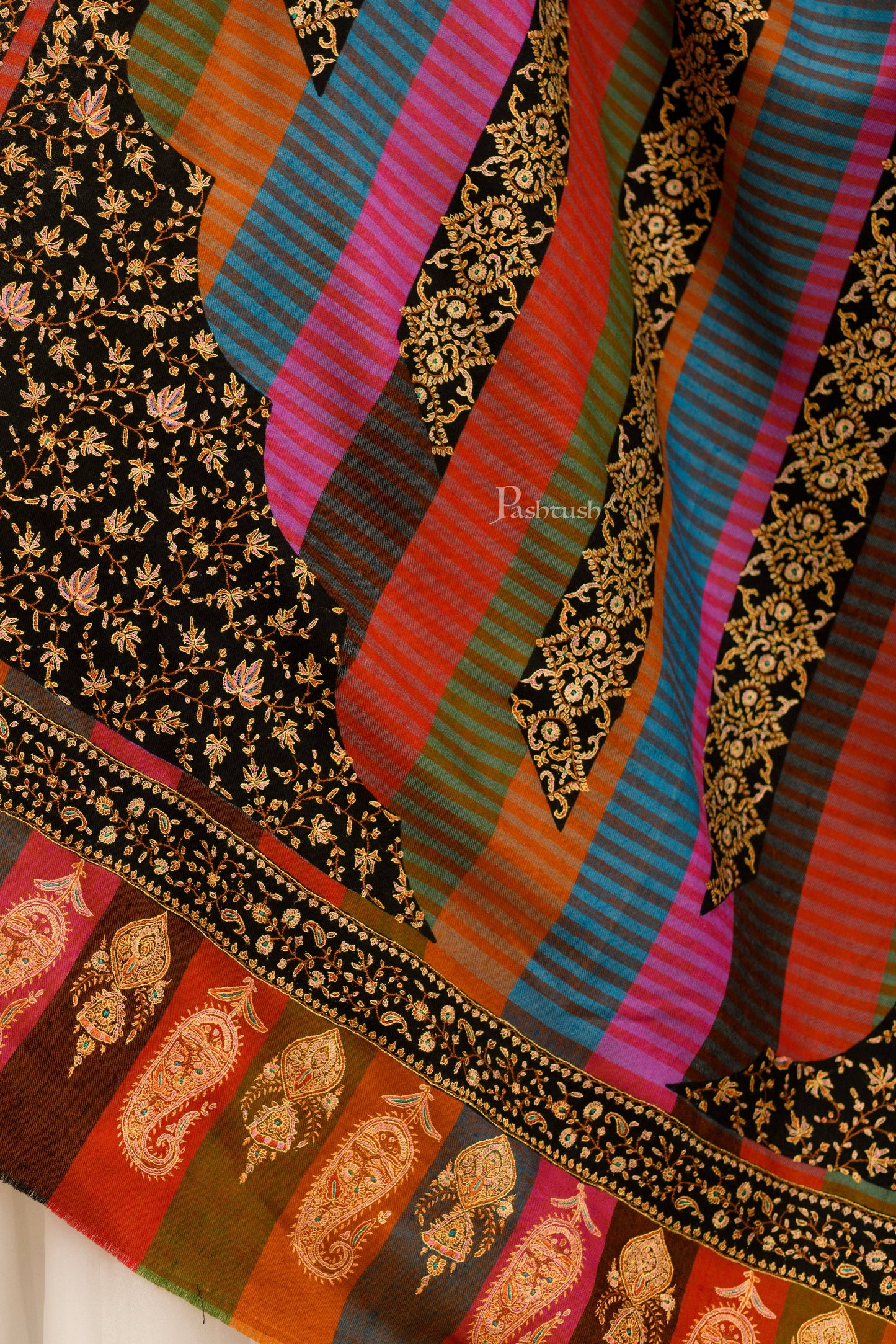 Pashtush India Womens Shawls Pashtush Womens Pure Pashmina, Hand Woven, Sozni Hand Embroidered Stripe Design Shawl, Multicoloured