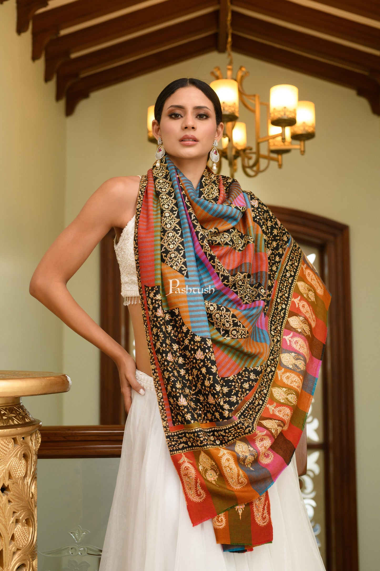 Pashtush India Womens Shawls Pashtush Womens Pure Pashmina, Hand Woven, Sozni Hand Embroidered Stripe Design Shawl, Multicoloured