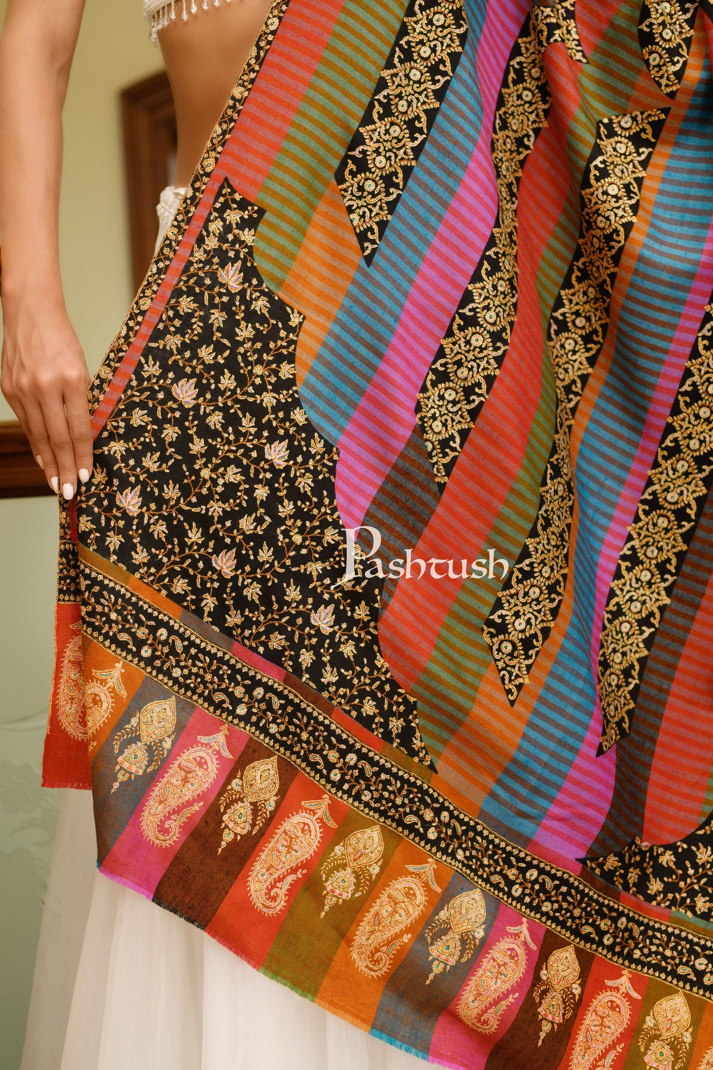 Pashtush India Womens Shawls Pashtush Womens Pure Pashmina, Hand Woven, Sozni Hand Embroidered Stripe Design Shawl, Multicoloured