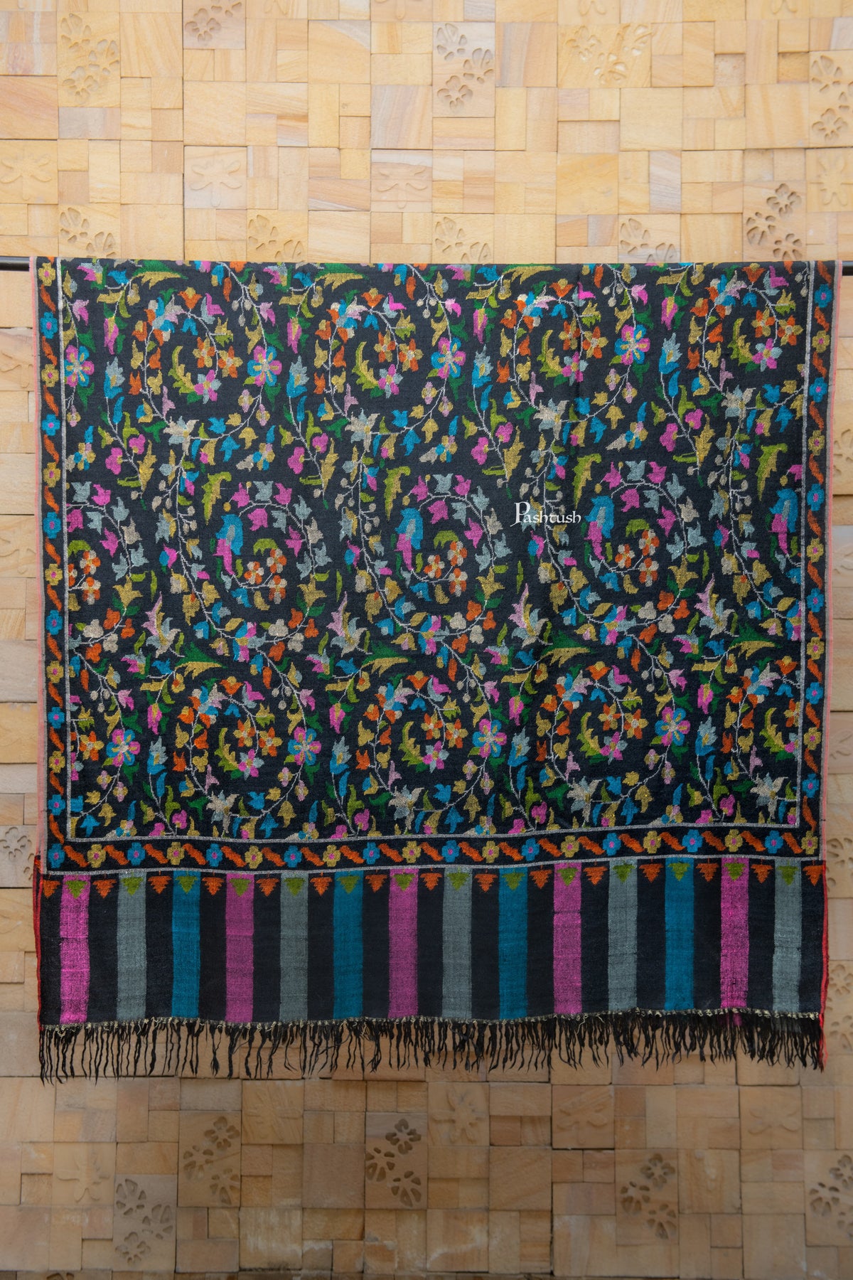 Pashtush India Womens Shawls Pashtush Womens Pure Pashmina Handloom Kaani Shawl, Handwoven, Jewel Black