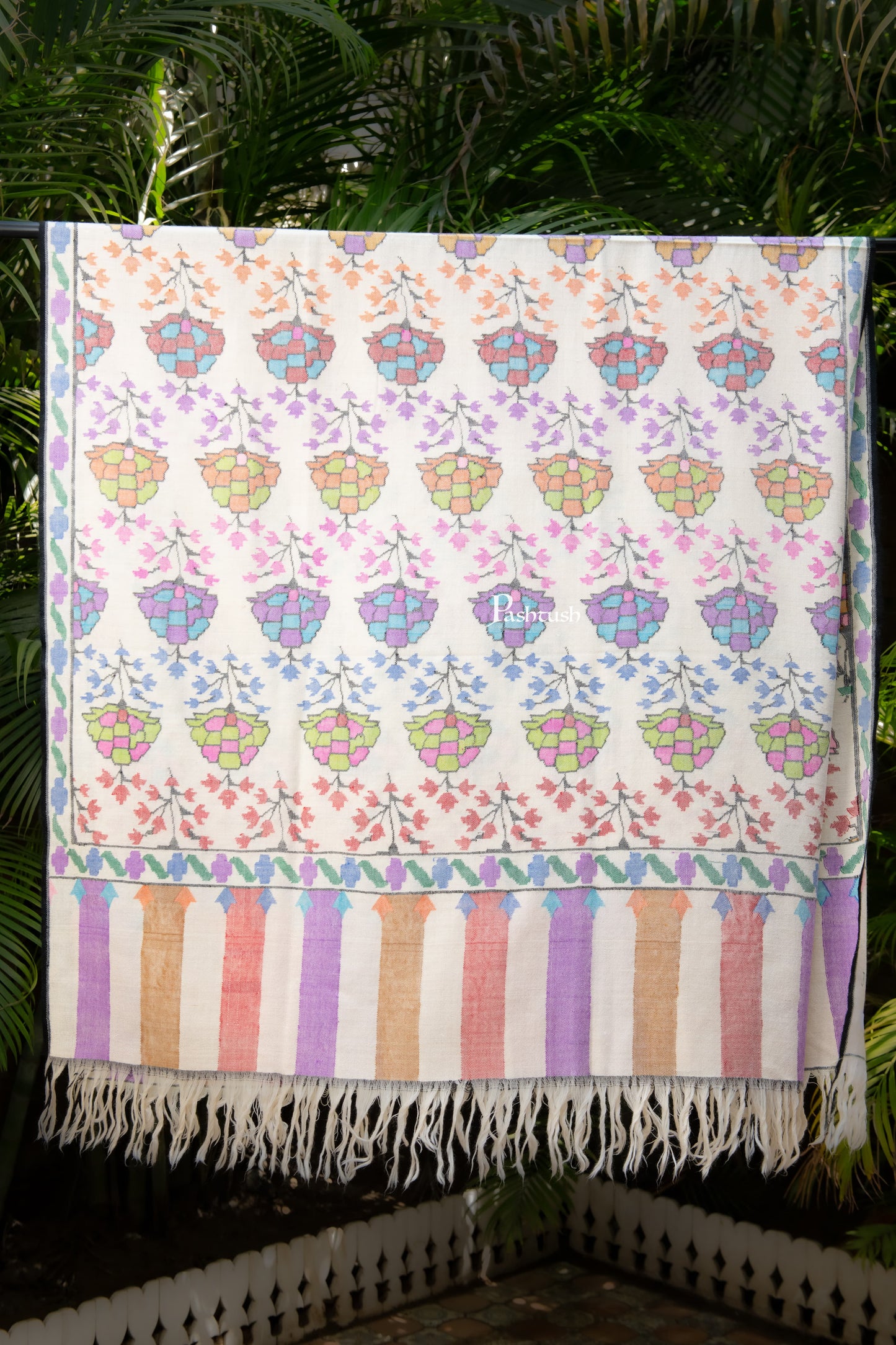 Pashtush India Womens Shawls Pashtush Womens Pure Pashmina Handloom Kaani Shawl, Handwoven, Pastel Hues, Ivory with Natural Woven Base