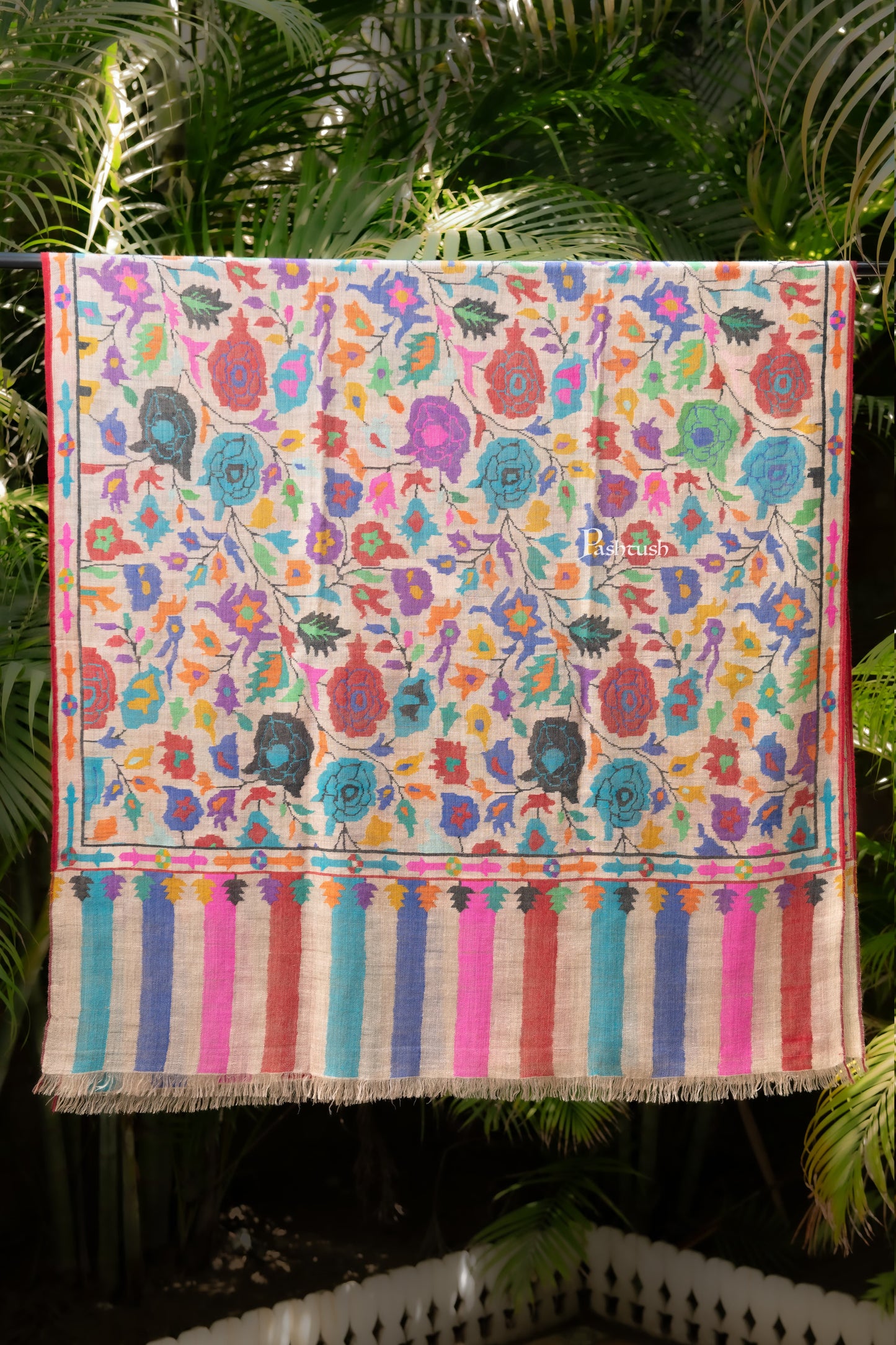 Pashtush India Womens Shawls Pashtush Womens Pure Pashmina Handloom Kaani Shawl, Handwoven, Pastel Hues, Multicoloured with Natural Woven Base