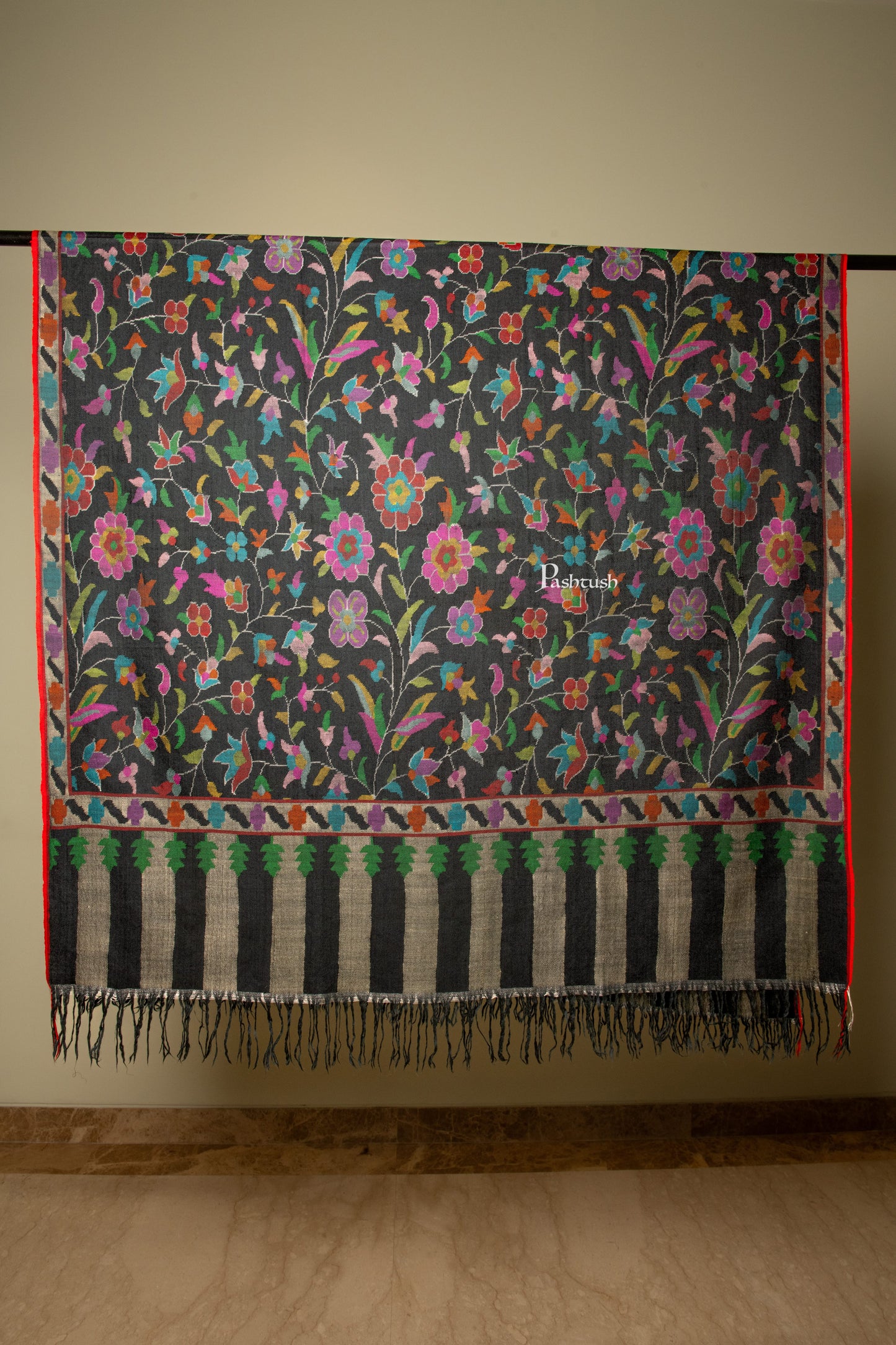 Pashtush India Womens Shawls Pashtush Womens Pure Pashmina Kaani Shawl, Handloom, Hand woven, Black