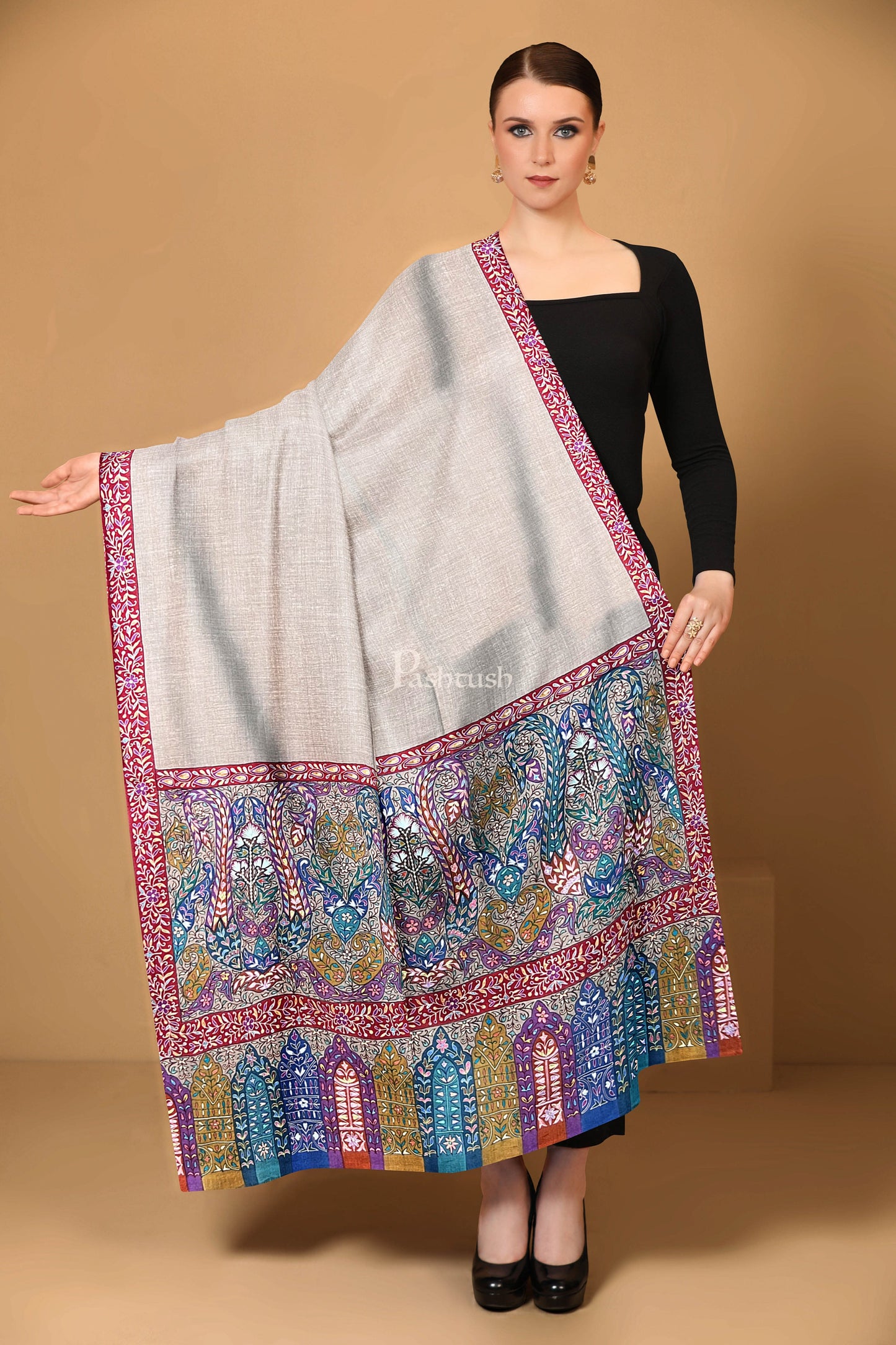 Pashtush India Womens Shawls Pashtush Womens Pure Pashmina Shawl, Hand Embroidered, Hand Painted Kalamkari Palla, Handloom, Multicolour