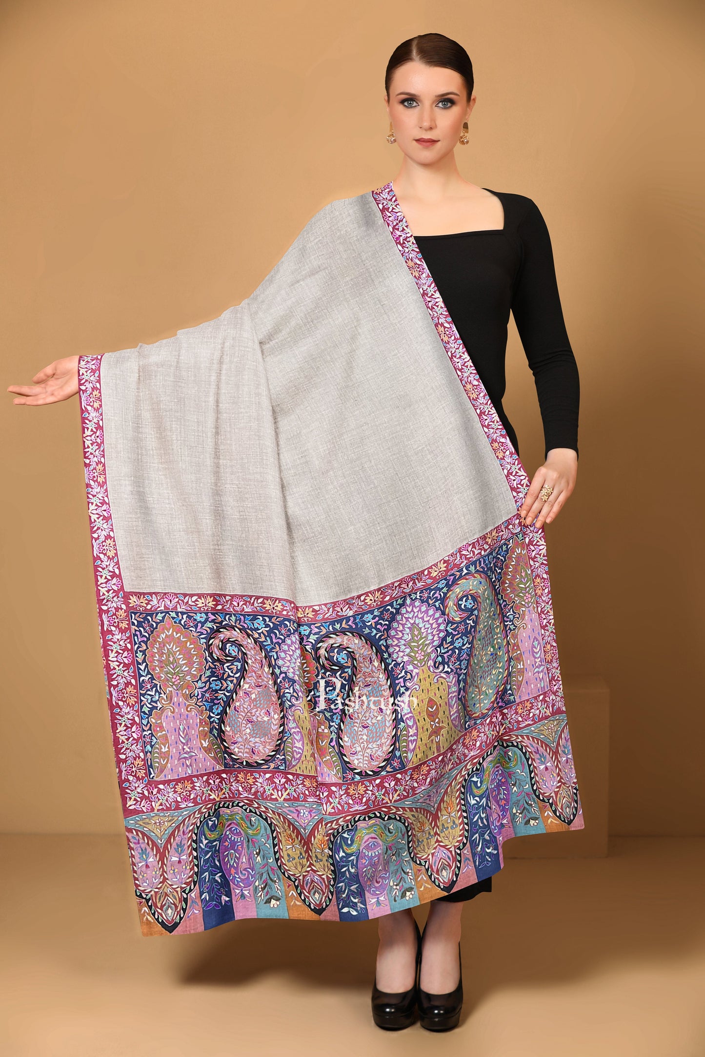 Pashtush India Womens Shawls Pashtush Womens Pure Pashmina Shawl, Hand Embroidered, Hand Painted Kalamkari Palla, Handloom, Multicolour