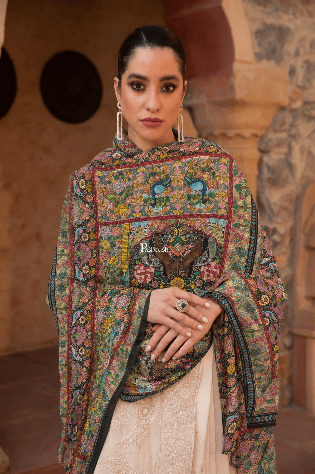 Pashtush India Womens Shawls Pashtush Womens Pure Pashmina Shawl, Hand Embroidery, Hand Woven Design, Black