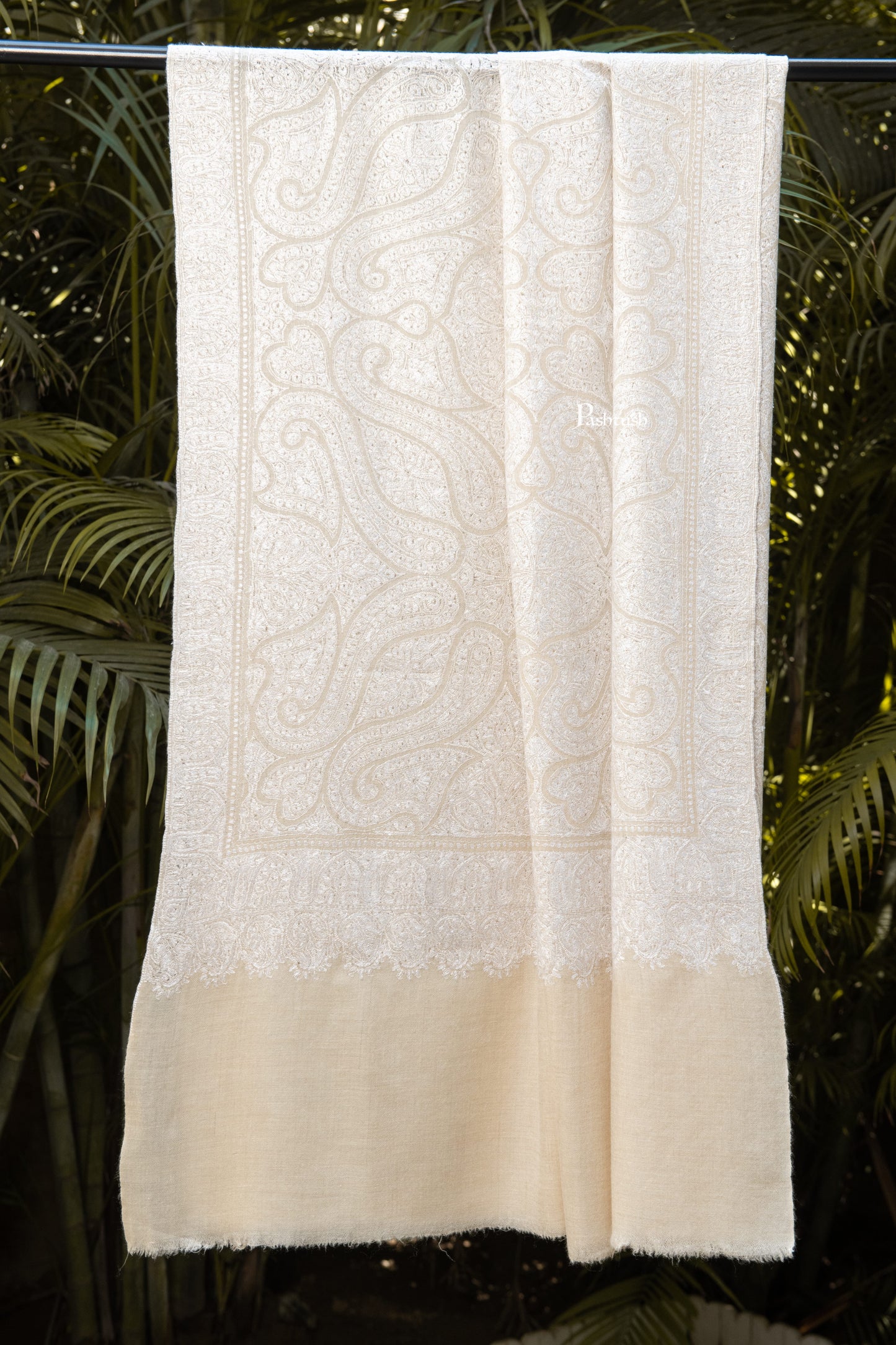Pashtush India Womens Shawls Pashtush Womens Pure Pashmina Shawl, Hand Embroidery, Hand Woven, Tonal Design, Ivory
