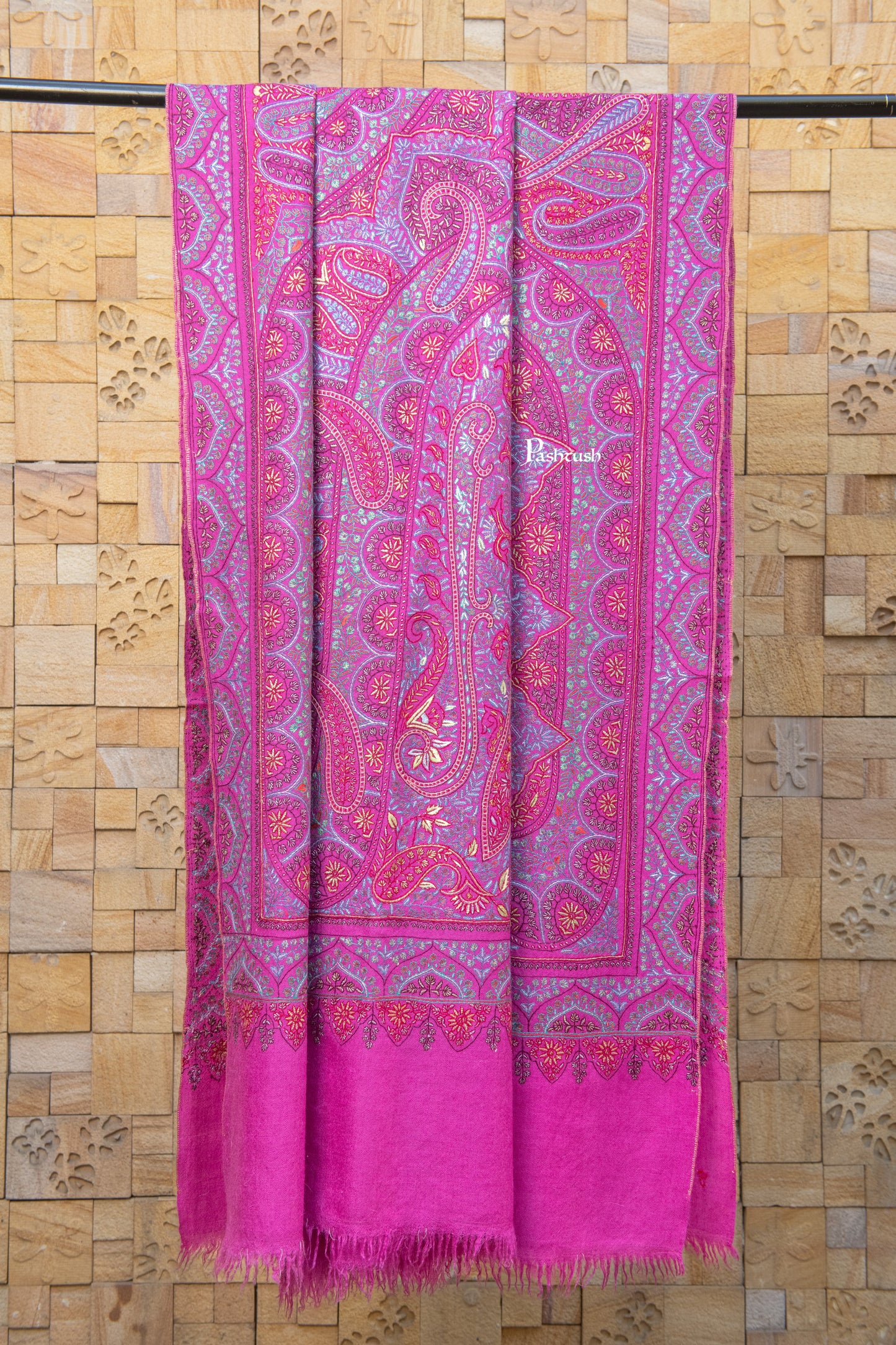 Pashtush India Womens Shawls Pashtush Womens Pure Pashmina Shawl, Hand Hand Embroidery, Hand Woven, Fuschia