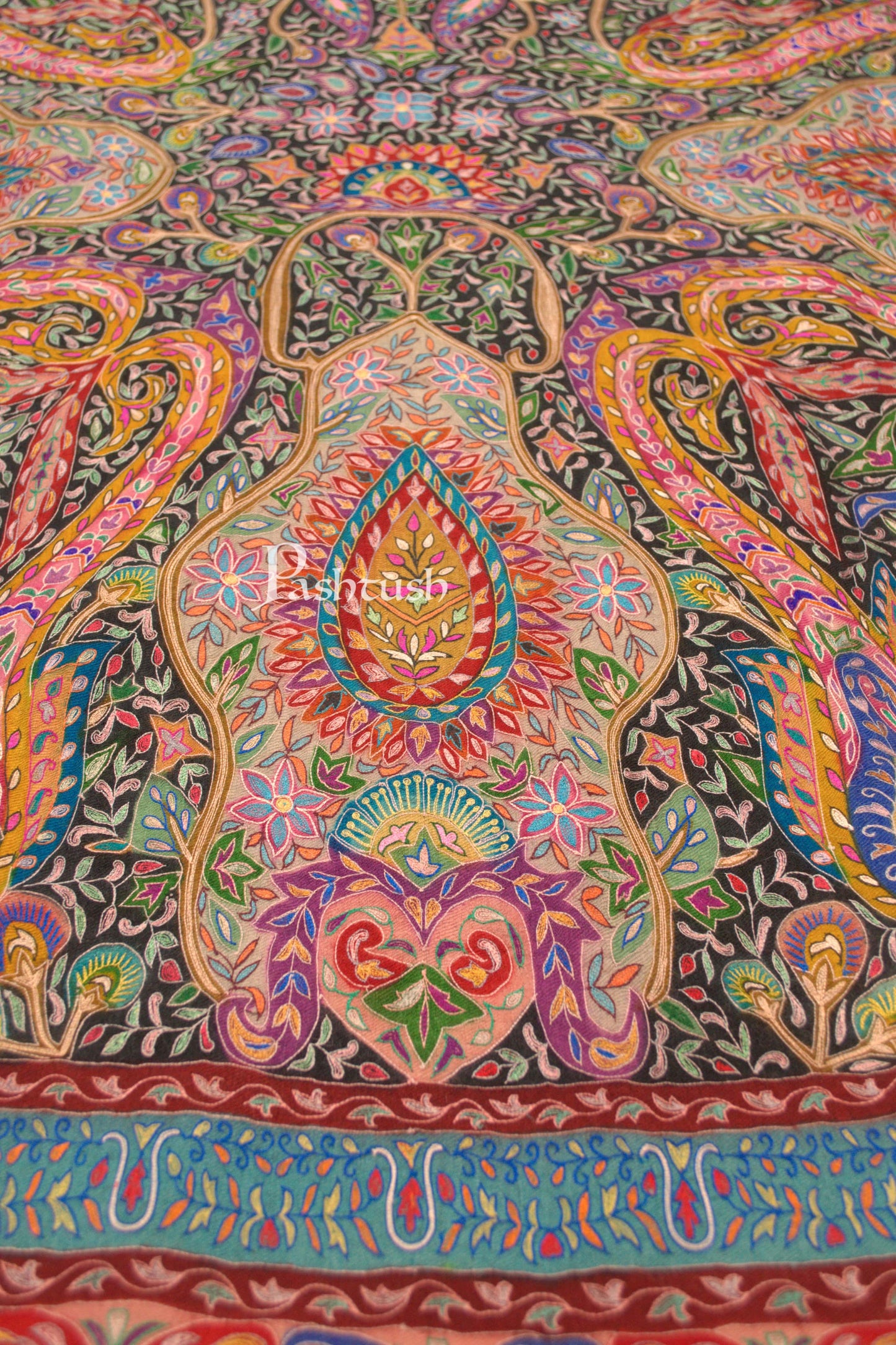 Pashtush India Womens Shawls Pashtush Womens Pure Pashmina Shawl, Hand Painted And Embroidered Kalamkari Design, Multicolour