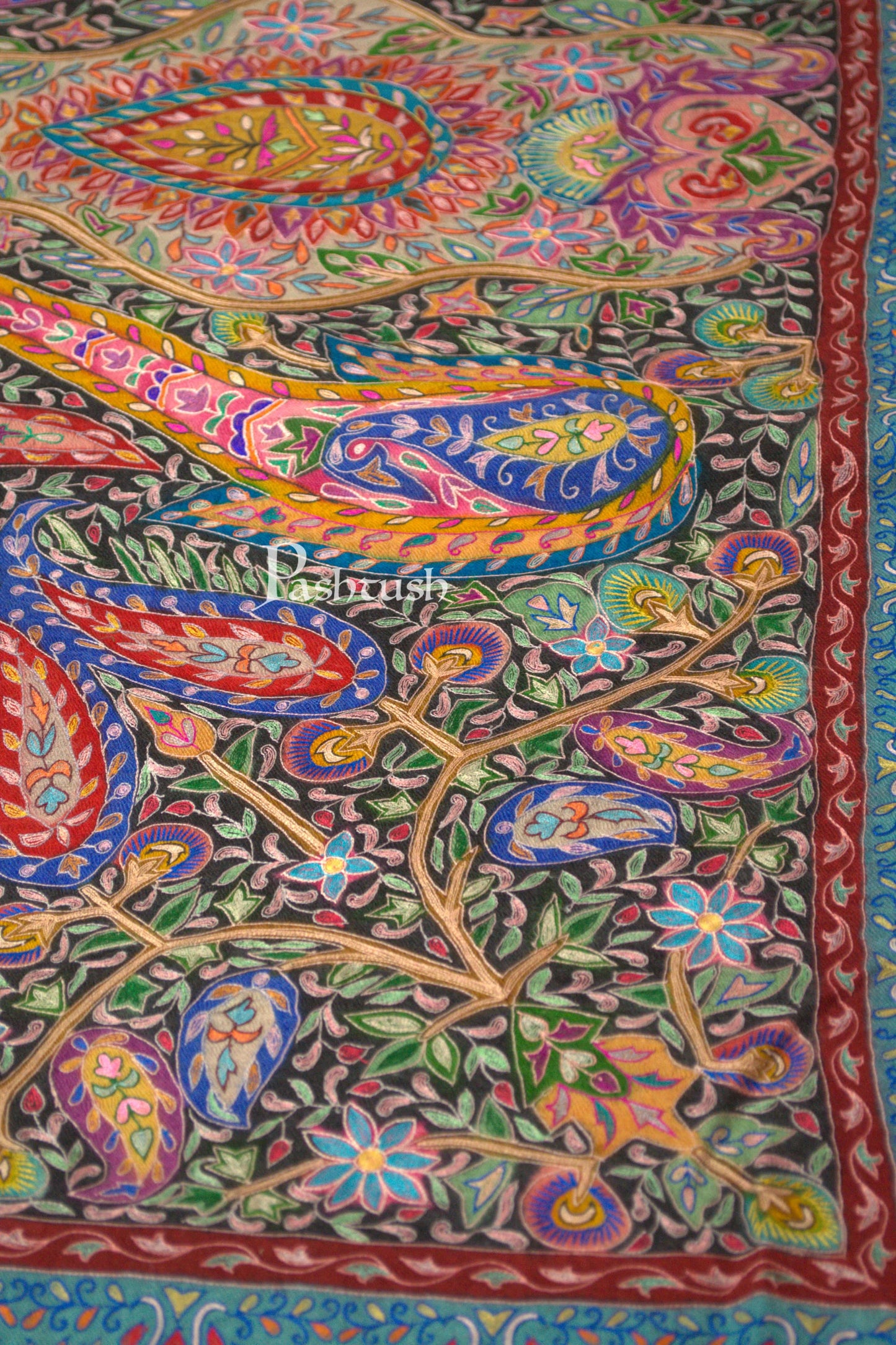 Pashtush India Womens Shawls Pashtush Womens Pure Pashmina Shawl, Hand Painted And Embroidered Kalamkari Design, Multicolour