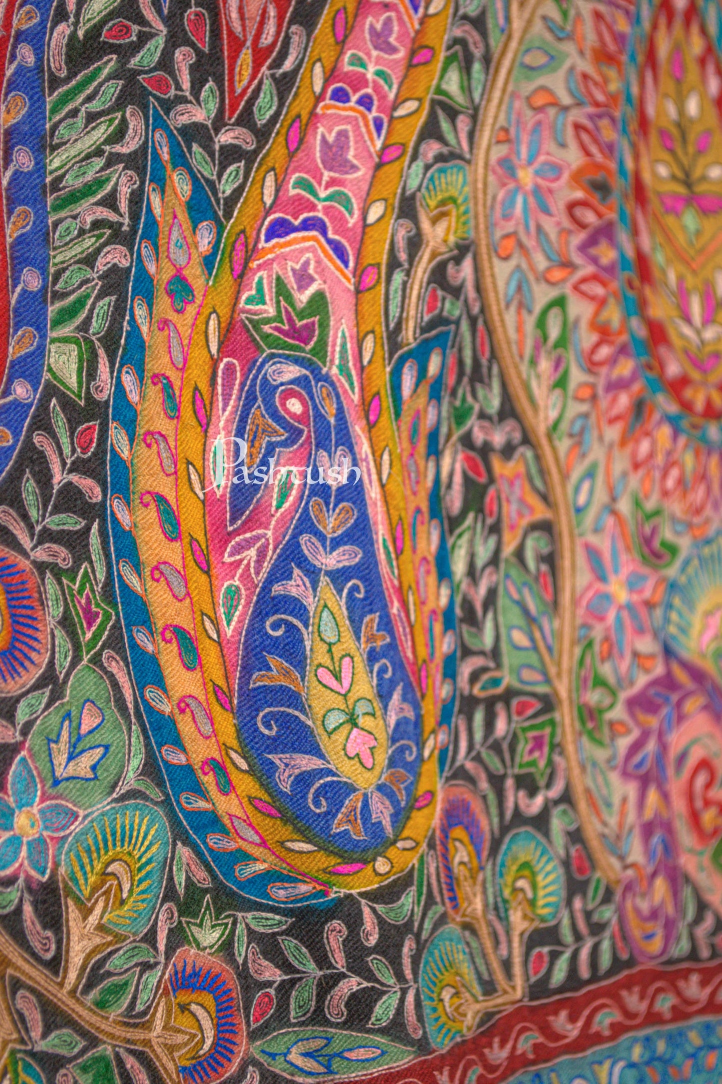 Pashtush India Womens Shawls Pashtush Womens Pure Pashmina Shawl, Hand Painted And Embroidered Kalamkari Design, Multicolour
