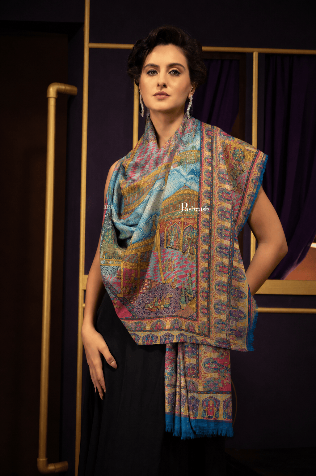 Pashtush India Womens Shawls Pashtush Womens Pure Pashmina Shawl, Hand Painted, Hand Woven Design, Multicolour