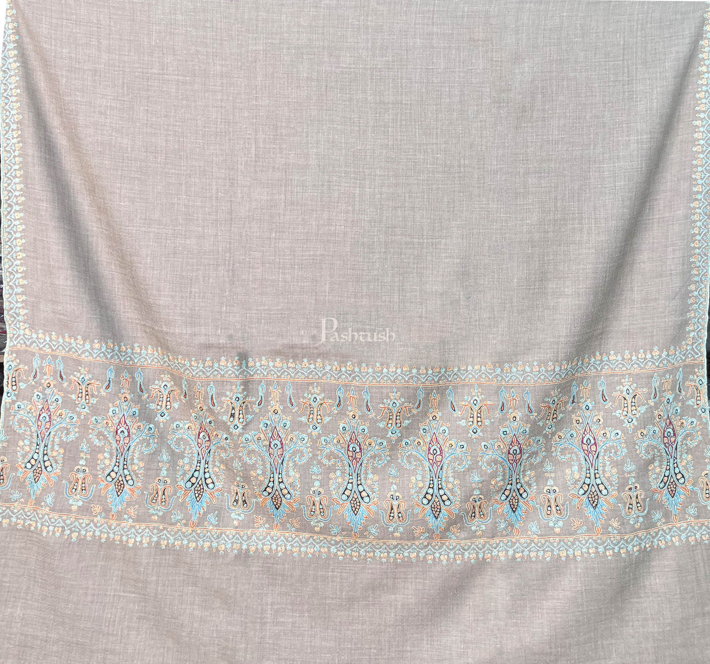 Pashtush India Womens Shawls Pashtush Womens Pure Pashmina Shawl, Kashmiri Hand Embroidered, Handloom, Pastel Beige