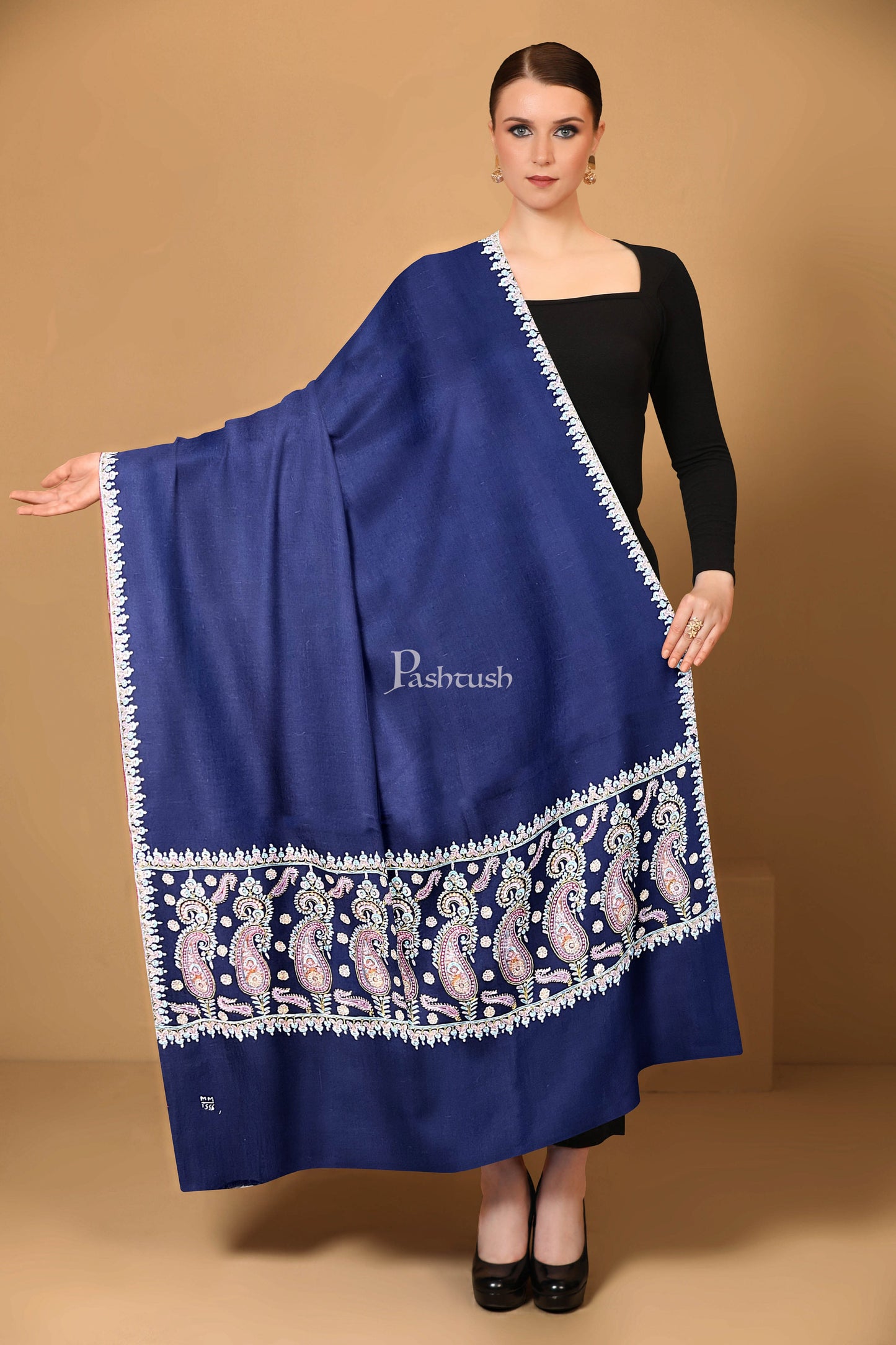 Pashtush India Womens Shawls Pashtush Womens Pure Pashmina Shawl, Kashmiri Hand Embroidered, Pastel Embroidery, Royal Blue
