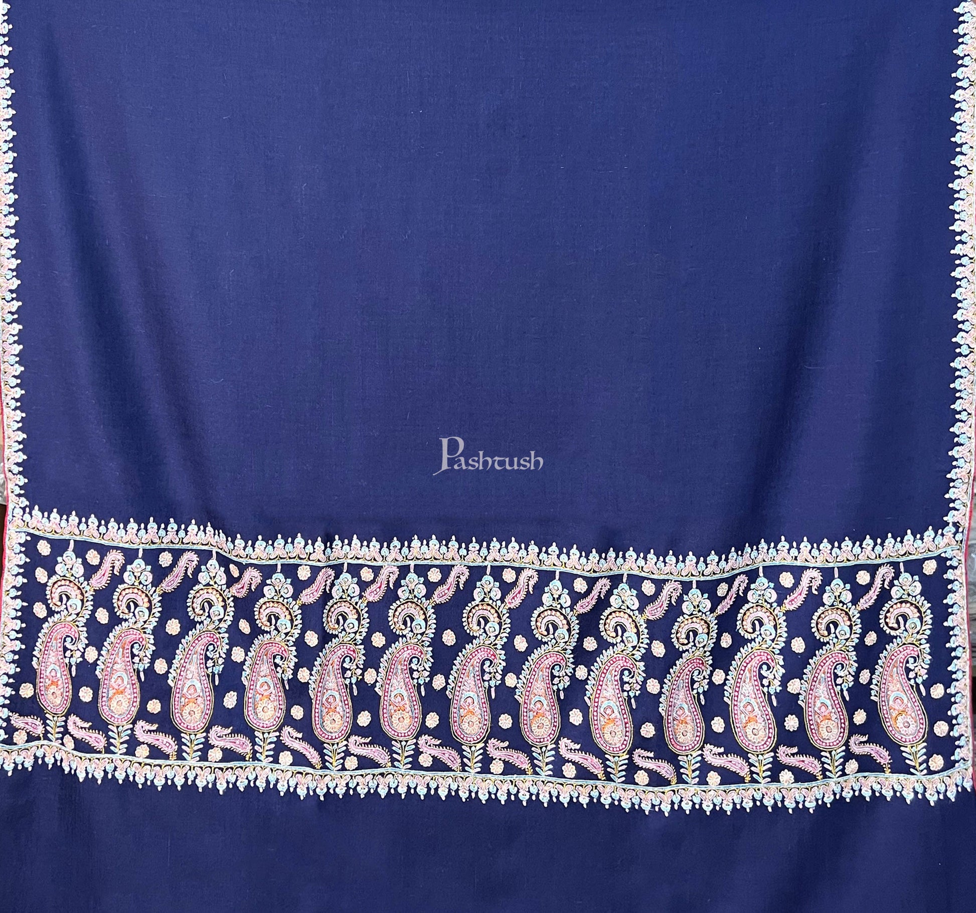 Pashtush India Womens Shawls Pashtush Womens Pure Pashmina Shawl, Kashmiri Hand Embroidered, Pastel Embroidery, Royal Blue