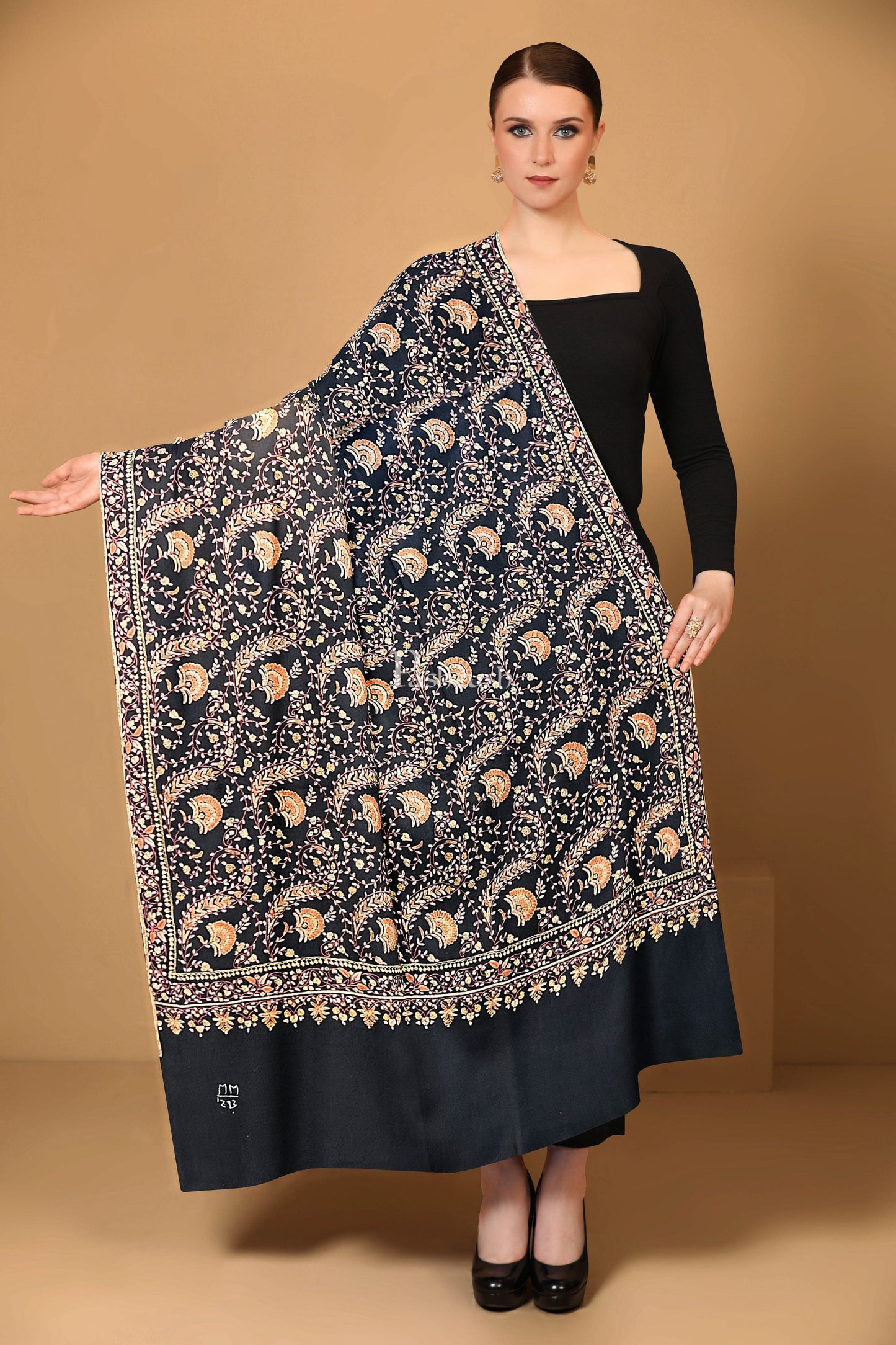 Pashtush India Womens Shawls Pashtush Womens Pure Pashmina Shawl, Kashmiri Hand Embroidery, Sozni Jaal, Black