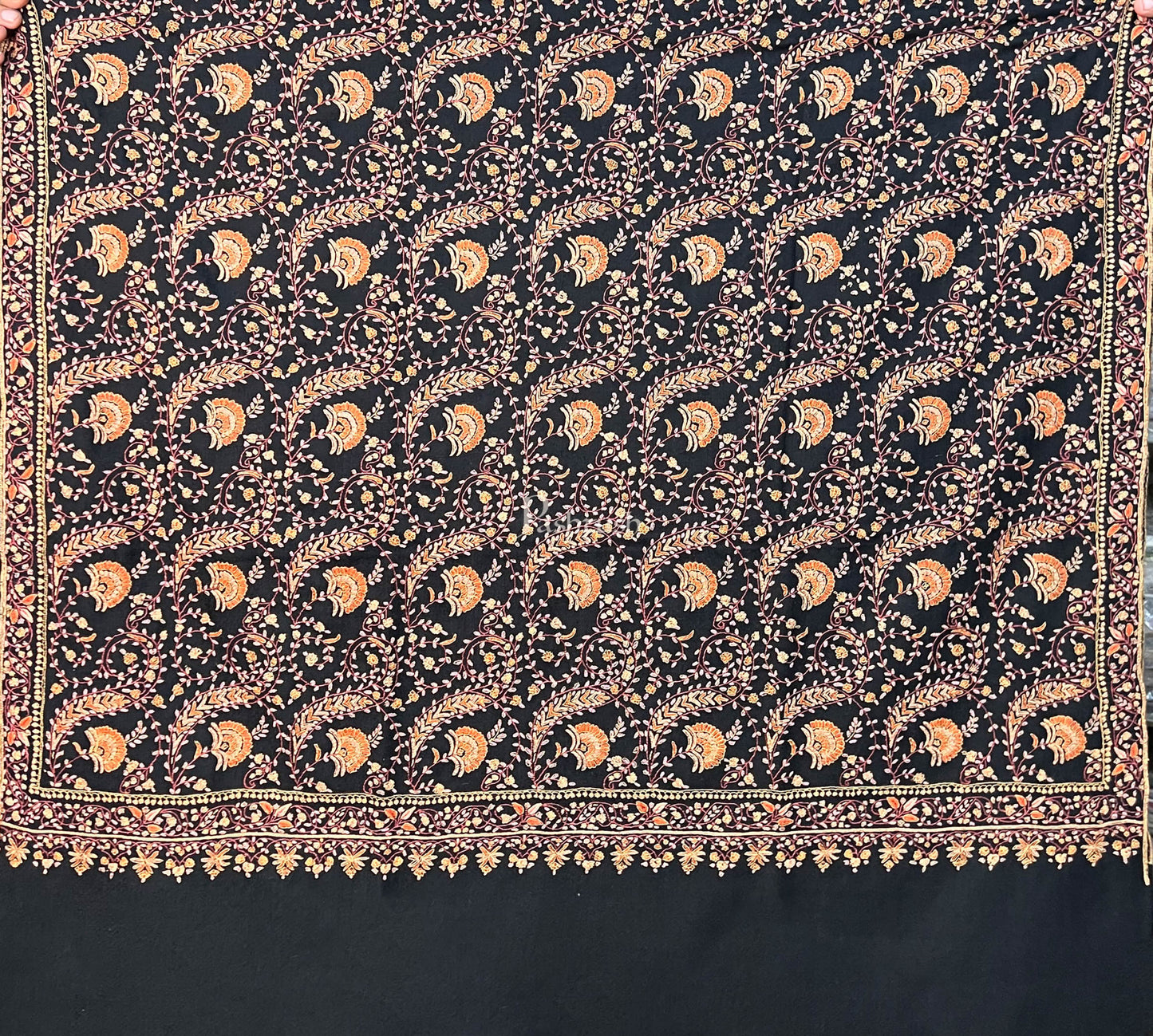 Pashtush India Womens Shawls Pashtush Womens Pure Pashmina Shawl, Kashmiri Hand Embroidery, Sozni Jaal, Black