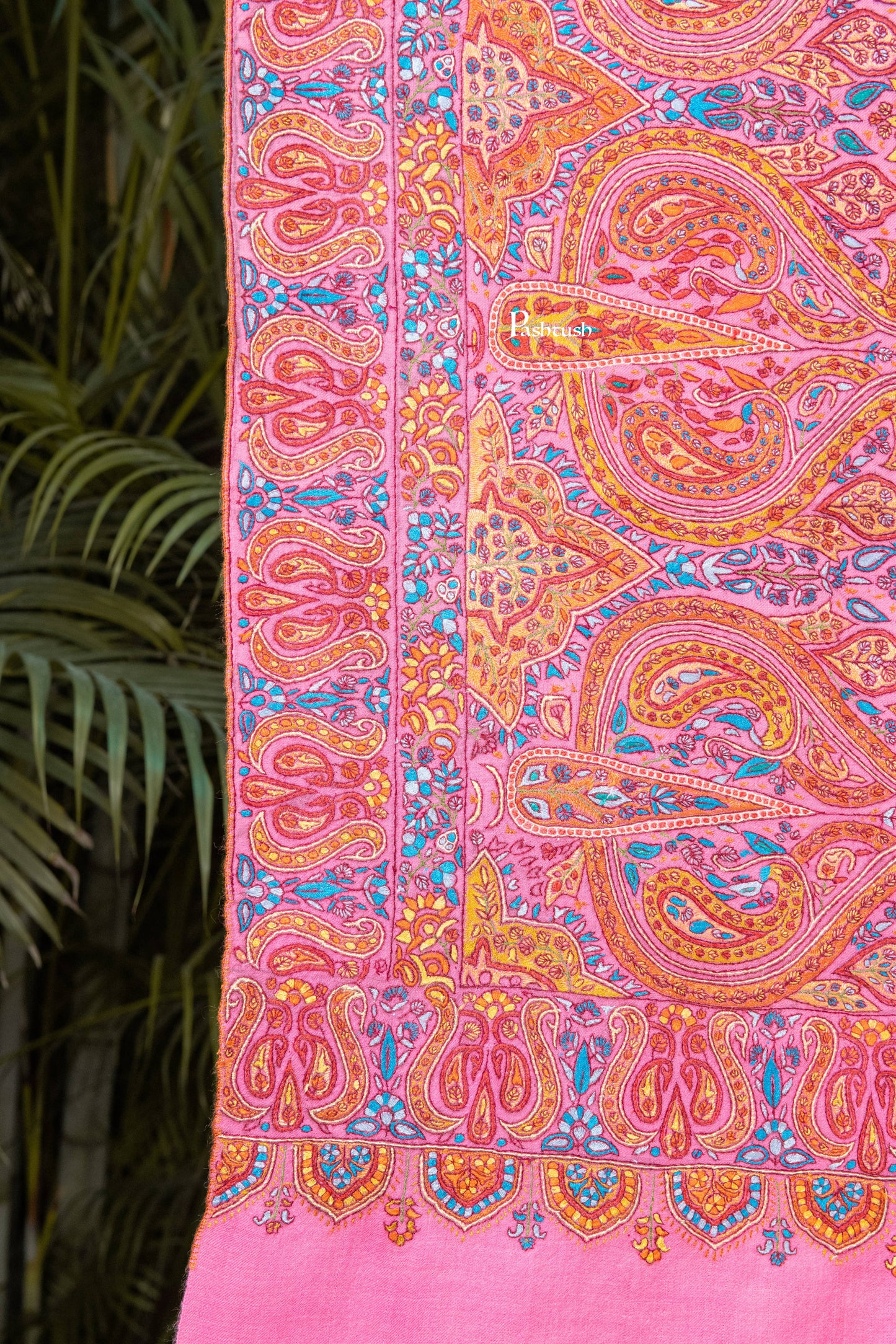 Pashtush India Womens Shawls Pashtush Womens Pure Pashmina Shawl, Papier Mache Hand Embroidery, Hand Woven Design, Bright Pink
