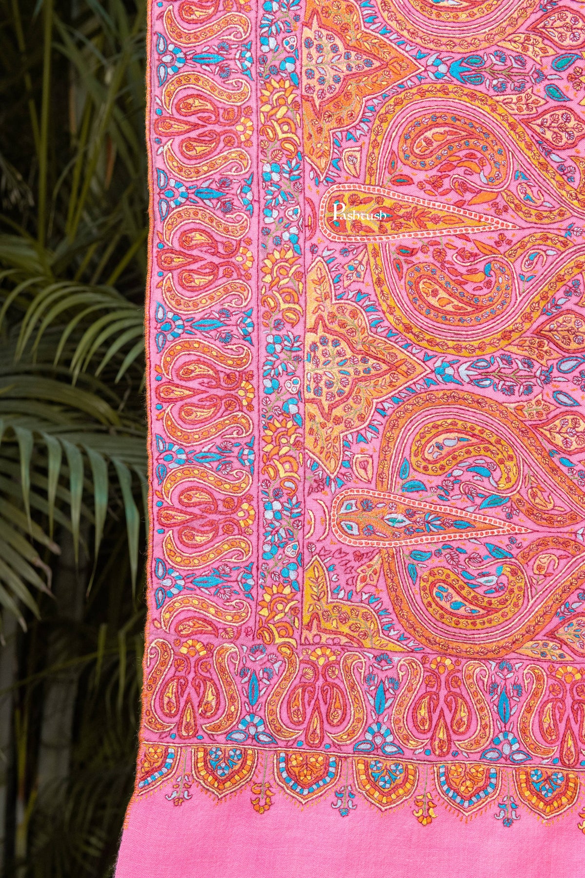 Pashtush India Womens Shawls Pashtush Womens Pure Pashmina Shawl, Papier Mache Hand Embroidery, Hand Woven Design, Bright Pink