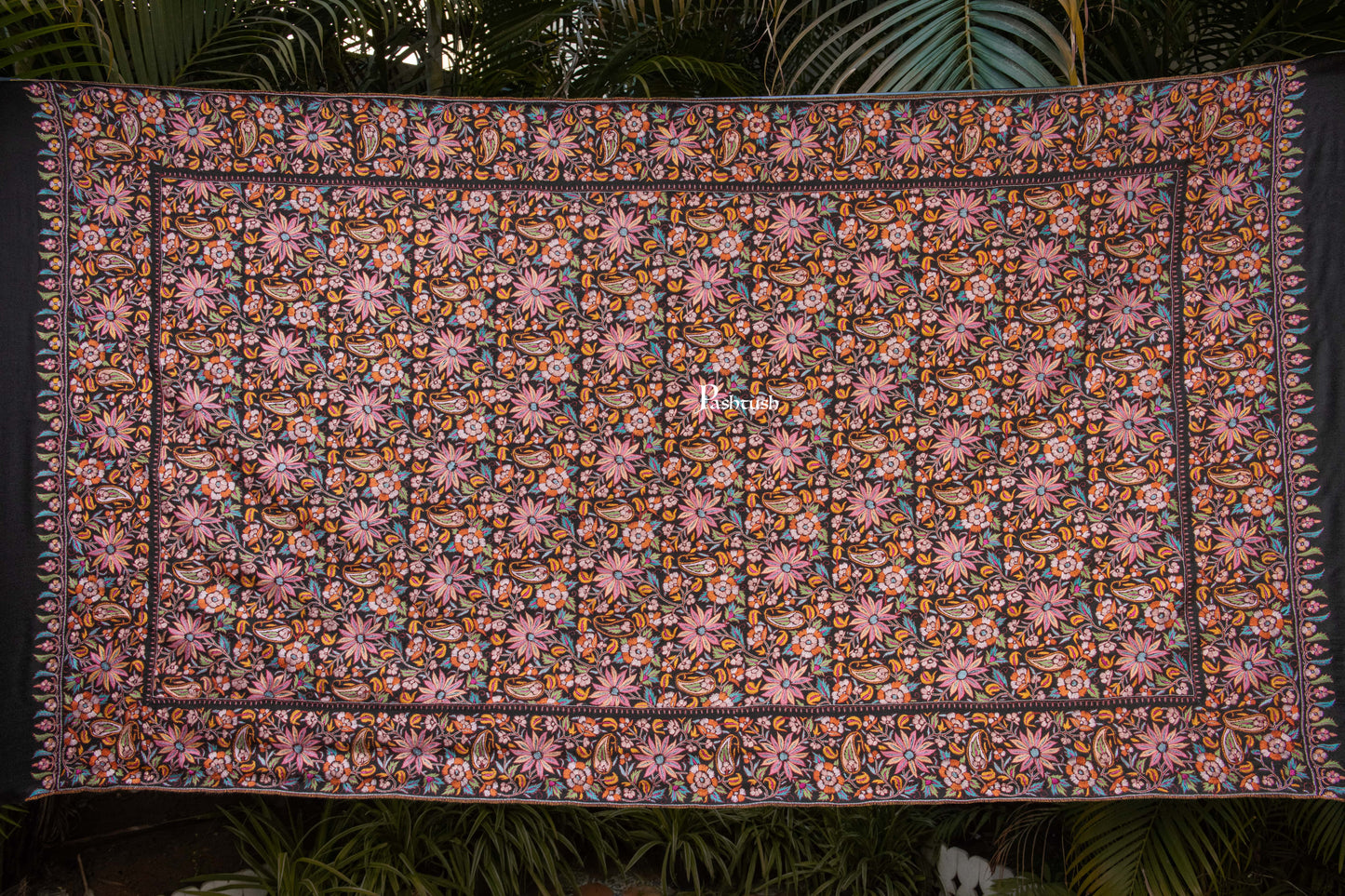 Pashtush India Womens Shawls Pashtush Womens Pure Pashmina Shawl, Papier Mache Hand Embroidery, Hand Woven, Gulabdaar Design, Black