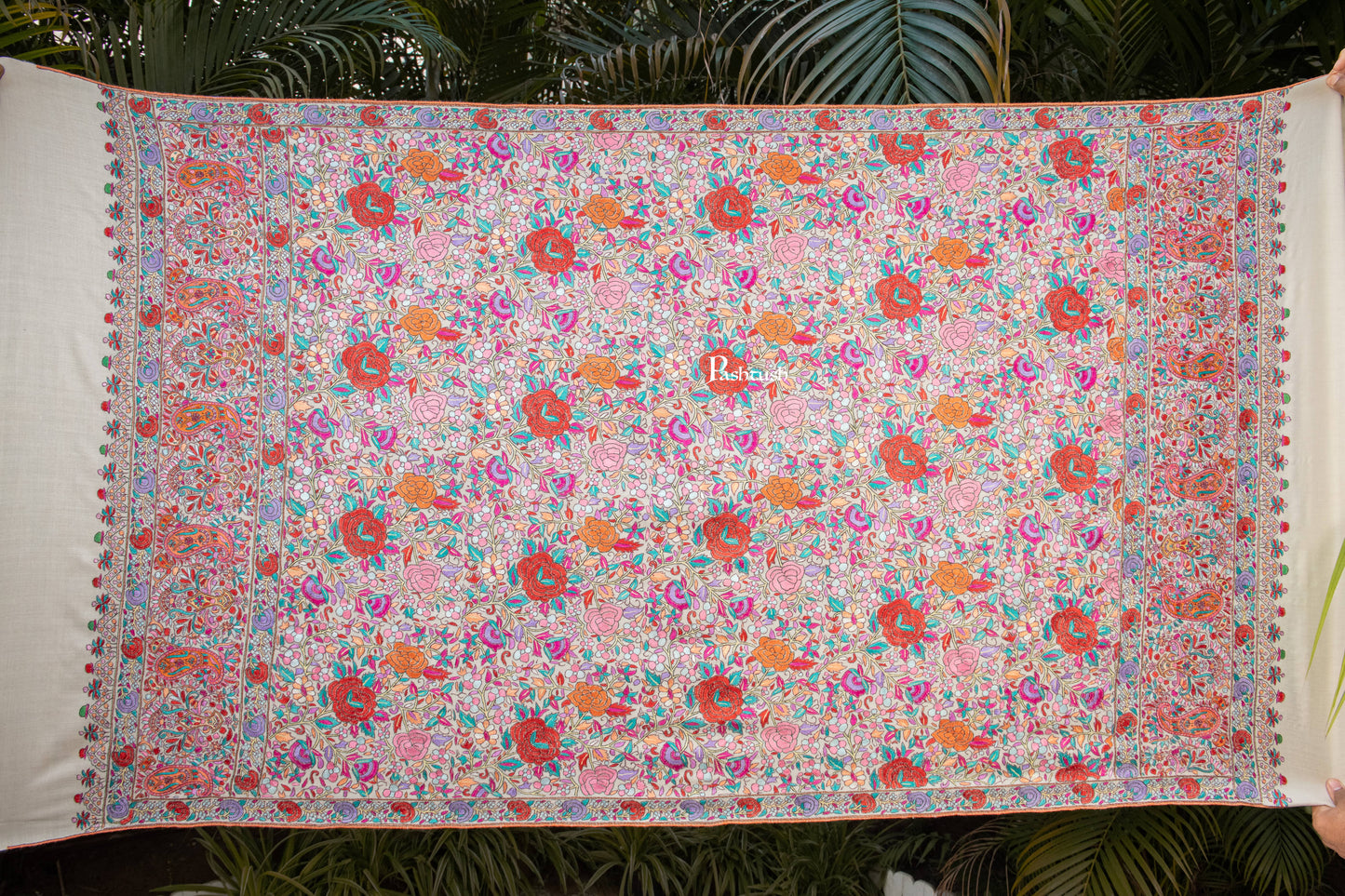 Pashtush India Womens Shawls Pashtush Womens Pure Pashmina Shawl, Papier Mache Hand Embroidery, Hand Woven, Gulabdaar Design, Emily Ivory