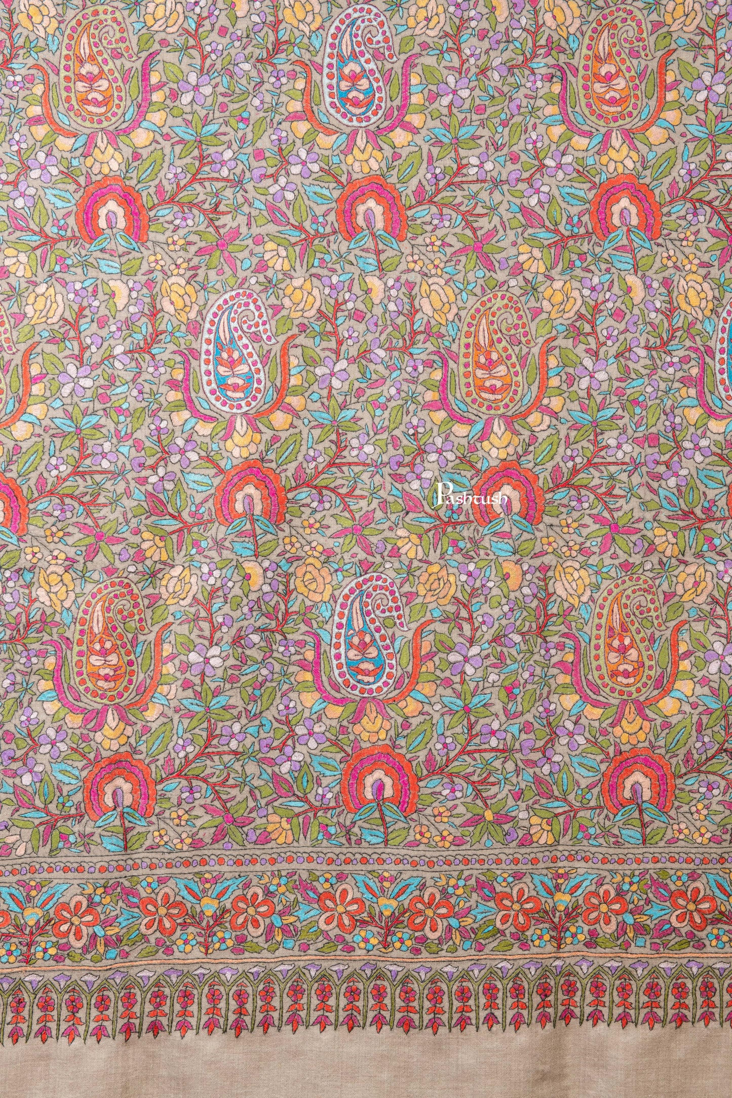 Pashtush India Womens Shawls Pashtush Womens Pure Pashmina Shawl, Papier Mache Hand Embroidery, Hand Woven, Gulabdaar Design, Multicolour With Natural Woven Base