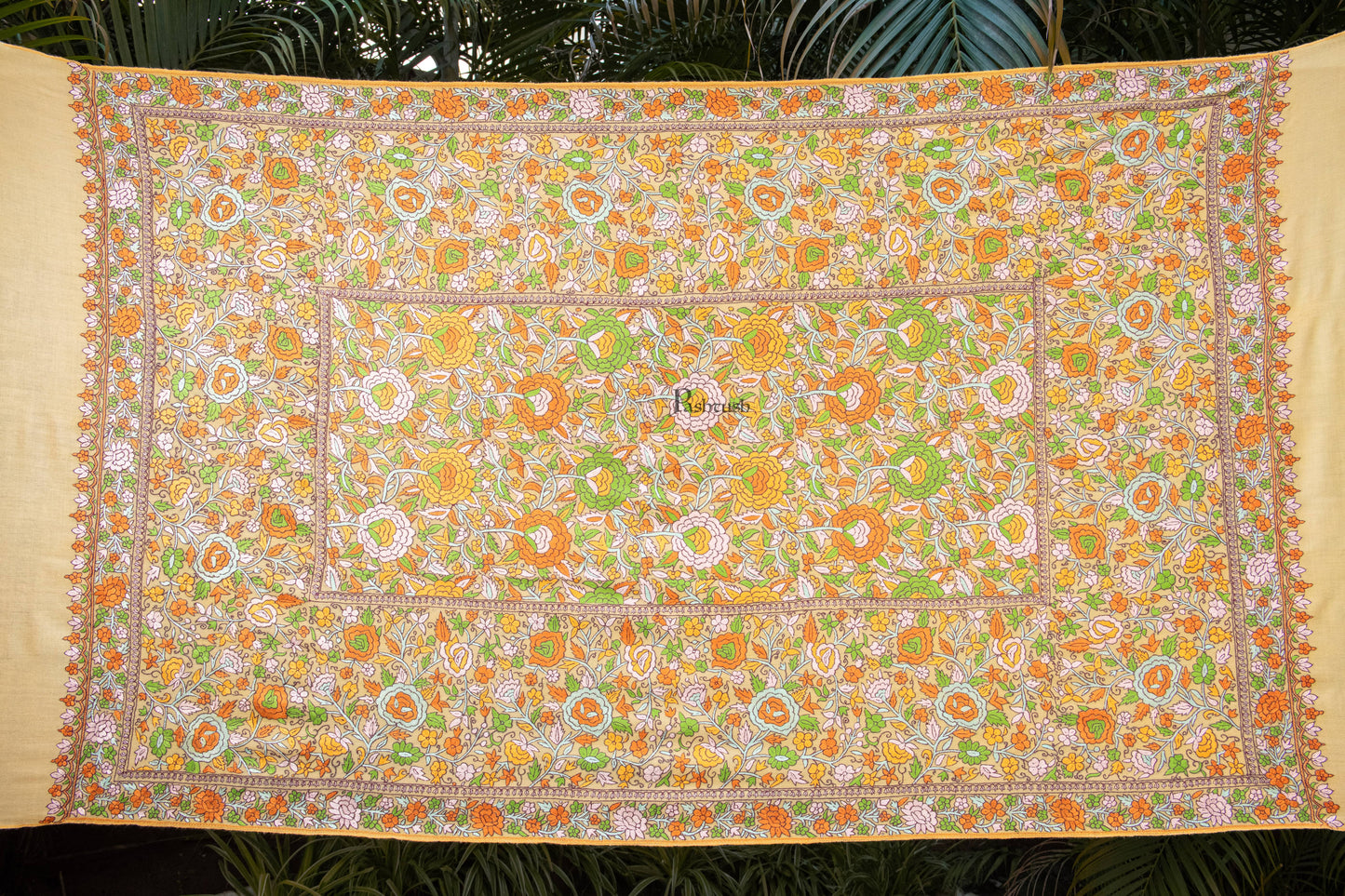 Pashtush India Womens Shawls Pashtush Womens Pure Pashmina Shawl, Papier Mache Hand Embroidery, Hand Woven, Gulabdaar Design, Yellow