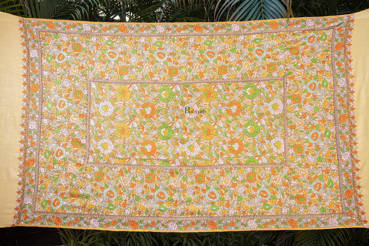 Pashtush India Womens Shawls Pashtush Womens Pure Pashmina Shawl, Papier Mache Hand Embroidery, Hand Woven, Gulabdaar Design, Yellow