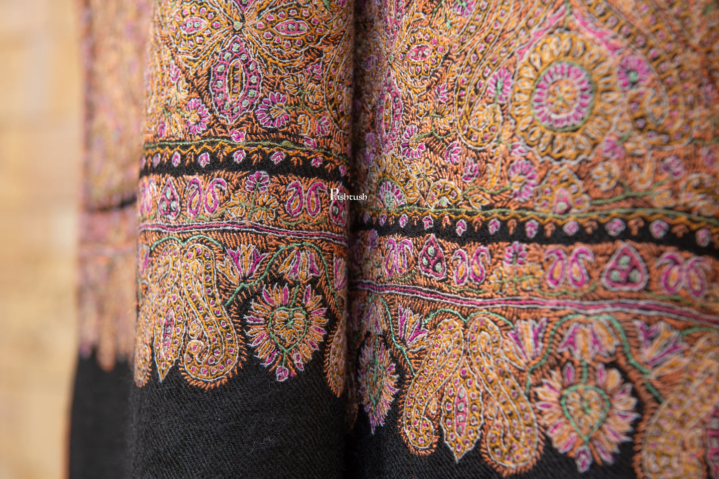 Pashtush India Womens Shawls Pashtush Womens Pure Pashmina Shawl, Private Collection, Resham Sozni Hand Embroidery, Handwoven, Zameenkaar
