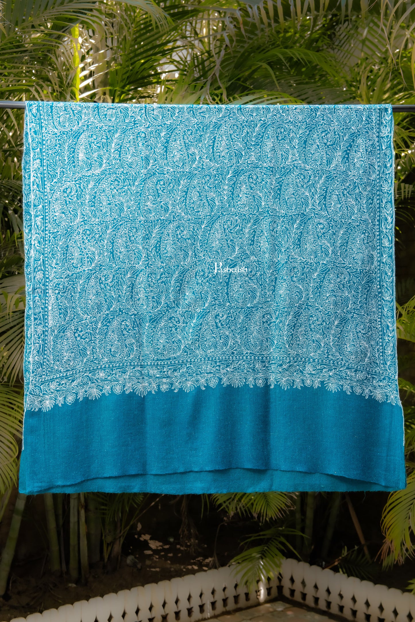 Pashtush India Womens Shawls Pashtush Womens Pure Pashmina shawl, tonal hand embroidery, handwoven, Aqua Blue