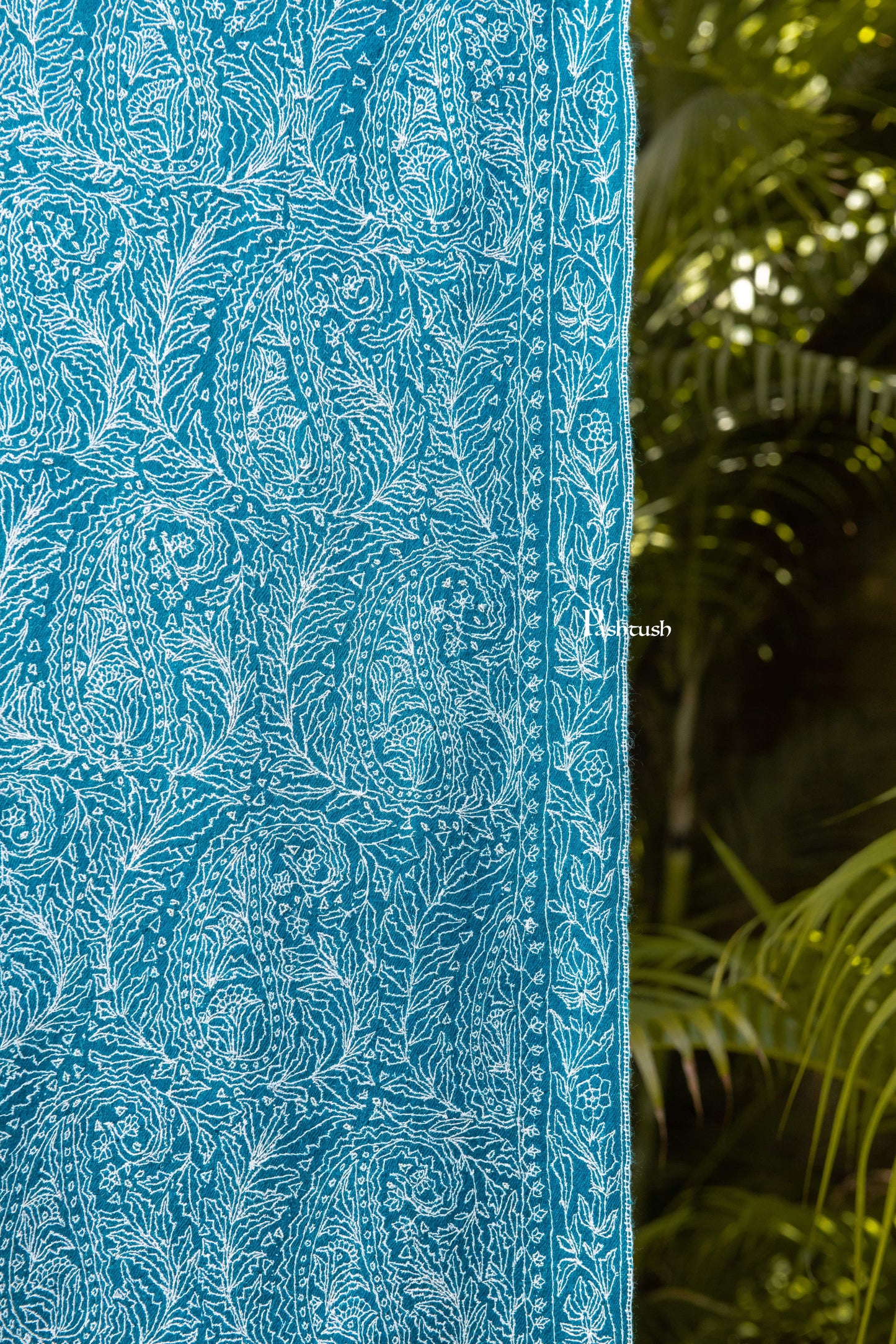 Pashtush India Womens Shawls Pashtush Womens Pure Pashmina shawl, tonal hand embroidery, handwoven, Aqua Blue
