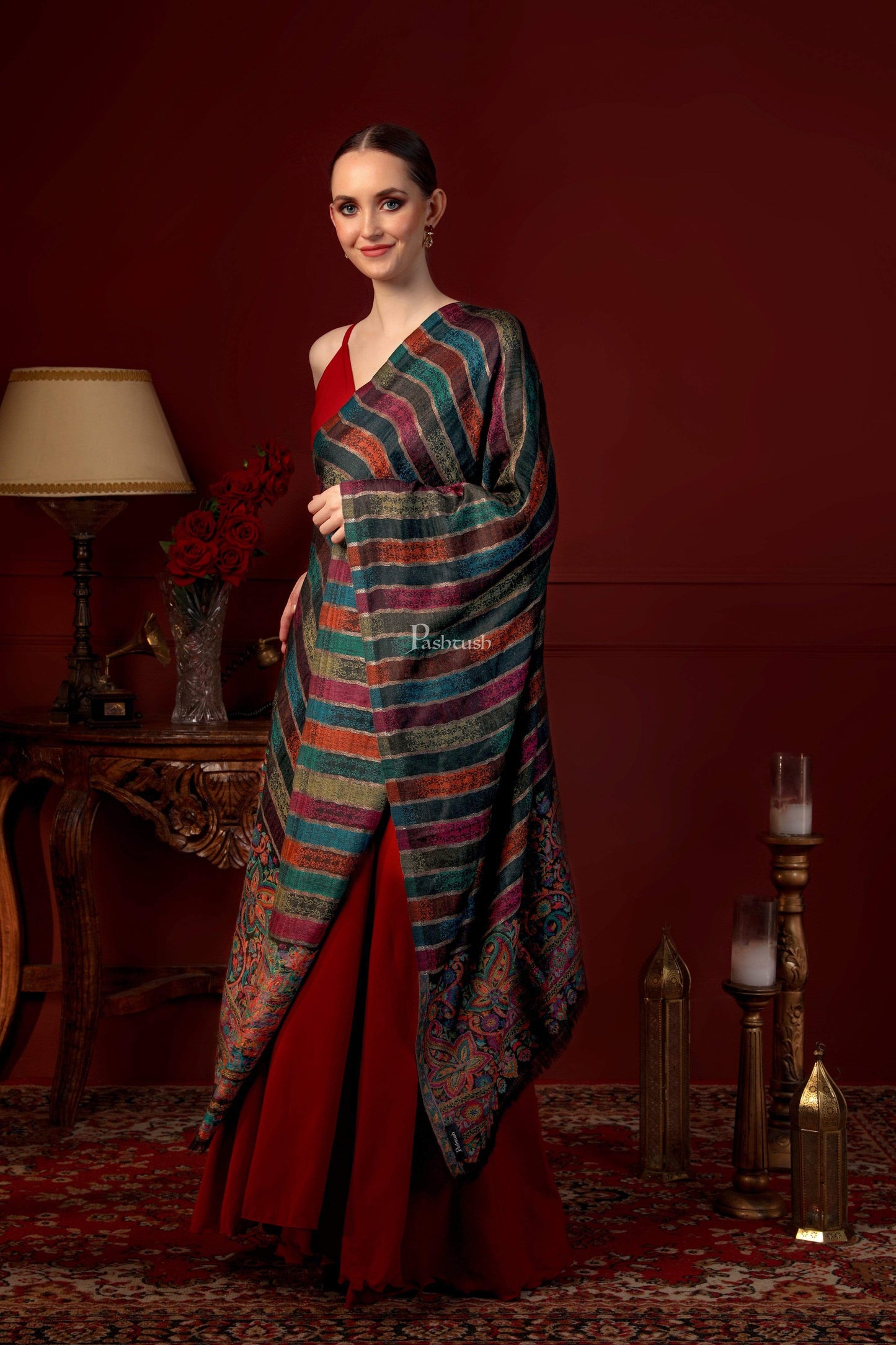 Pashtush India 100x200 Pashtush Womens Pure Striped Scarf, With self Thread Weave